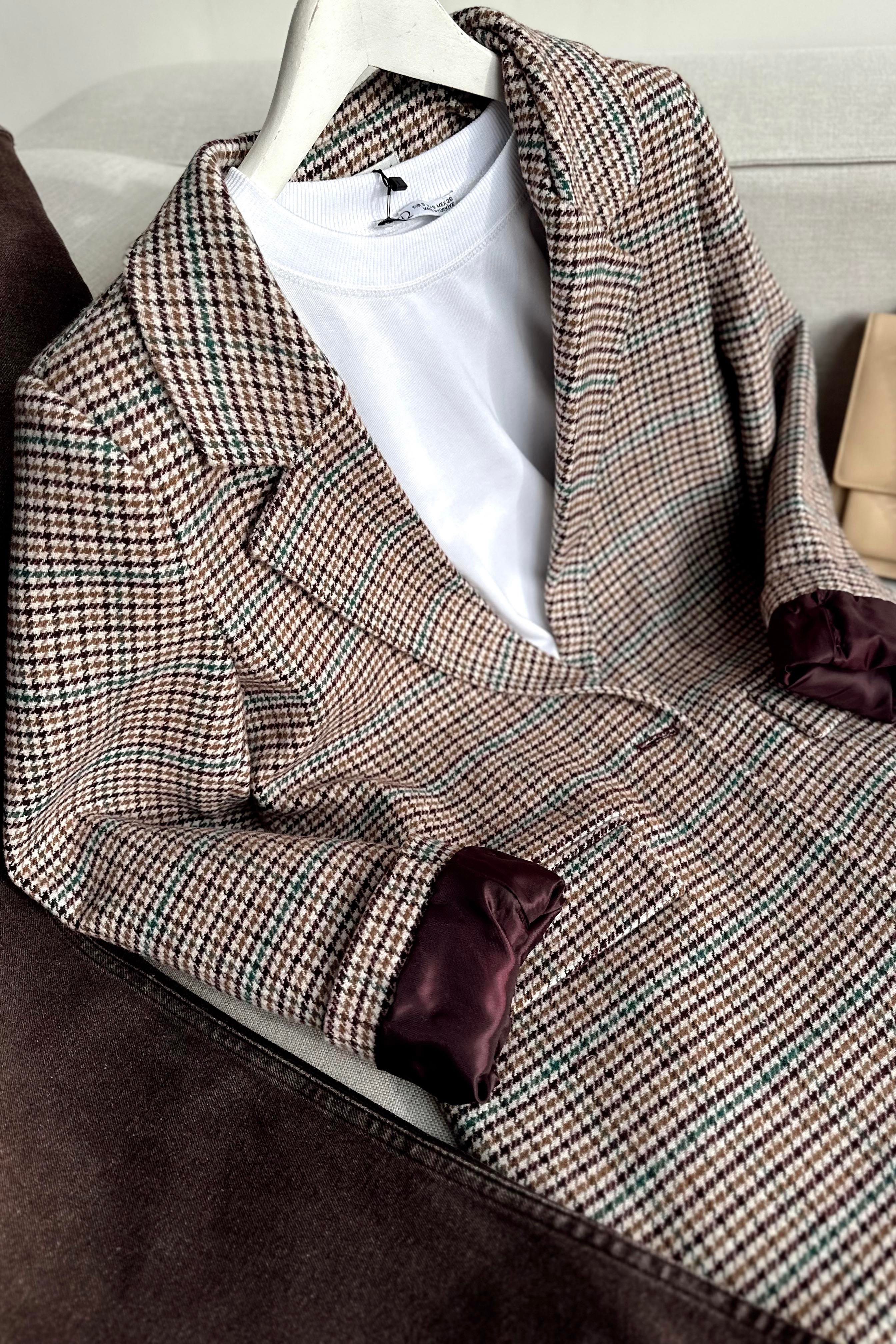 Kareli Kaşe Tek Düğme Blazer Ceket Mürdüm