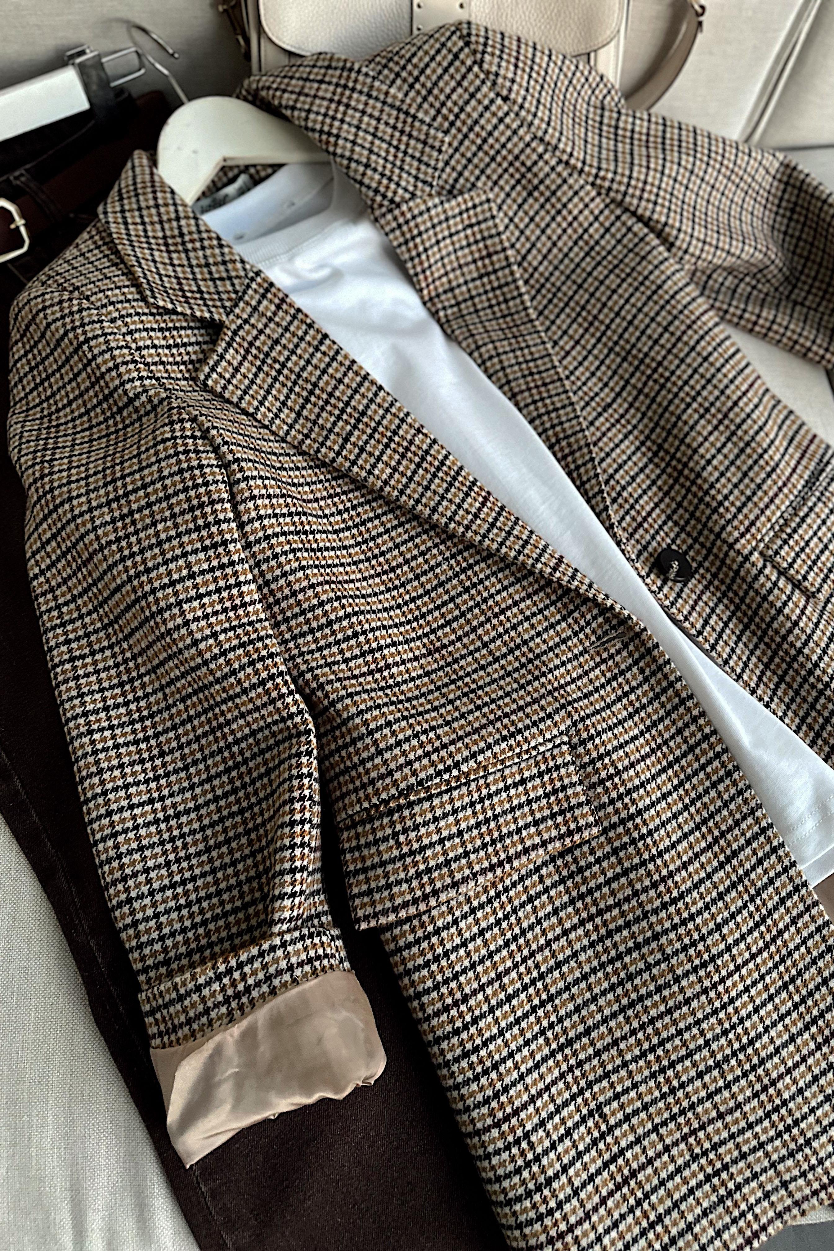 Kareli Kaşe Tek Düğme Blazer Ceket Vizon