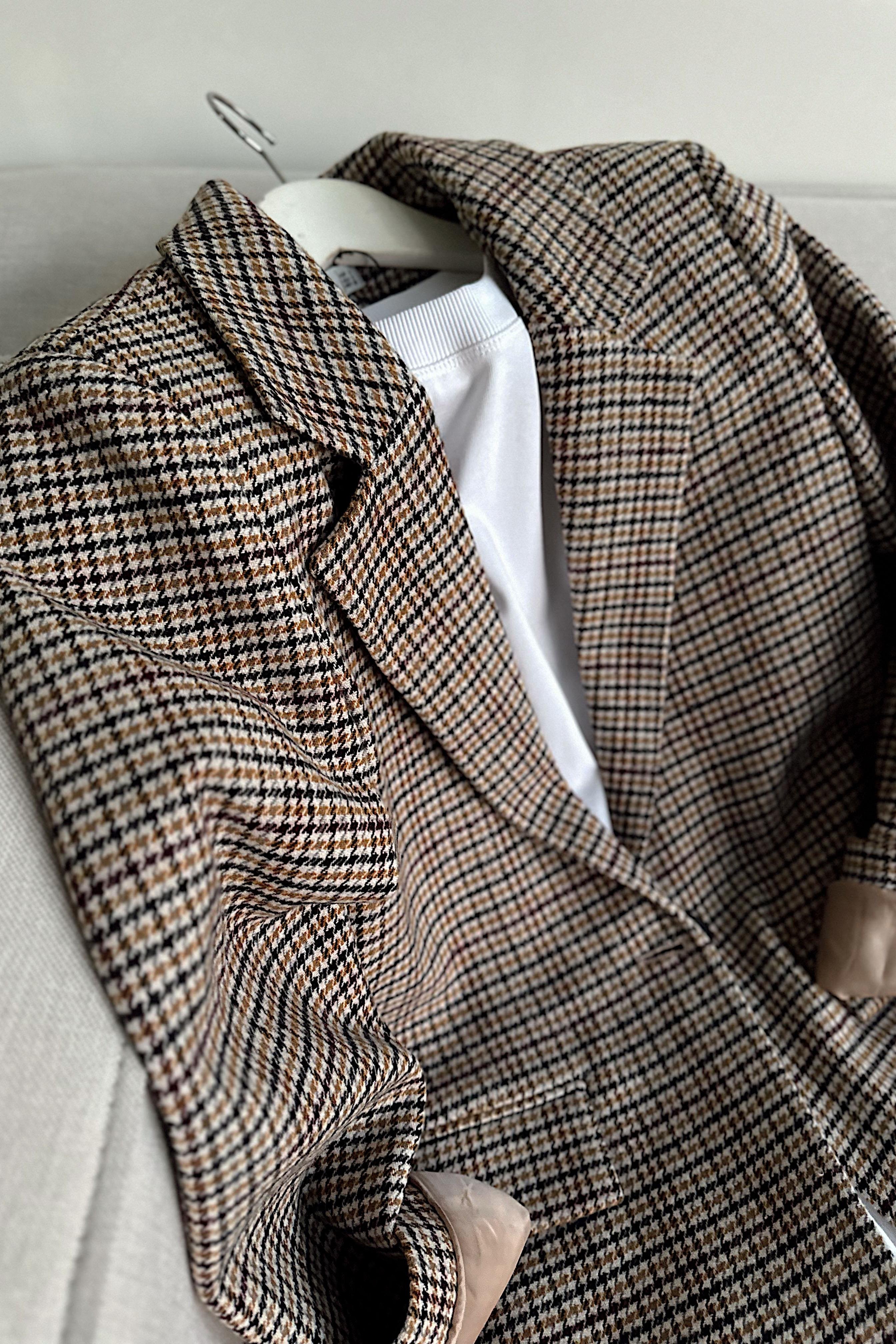 Kareli Kaşe Tek Düğme Blazer Ceket Vizon