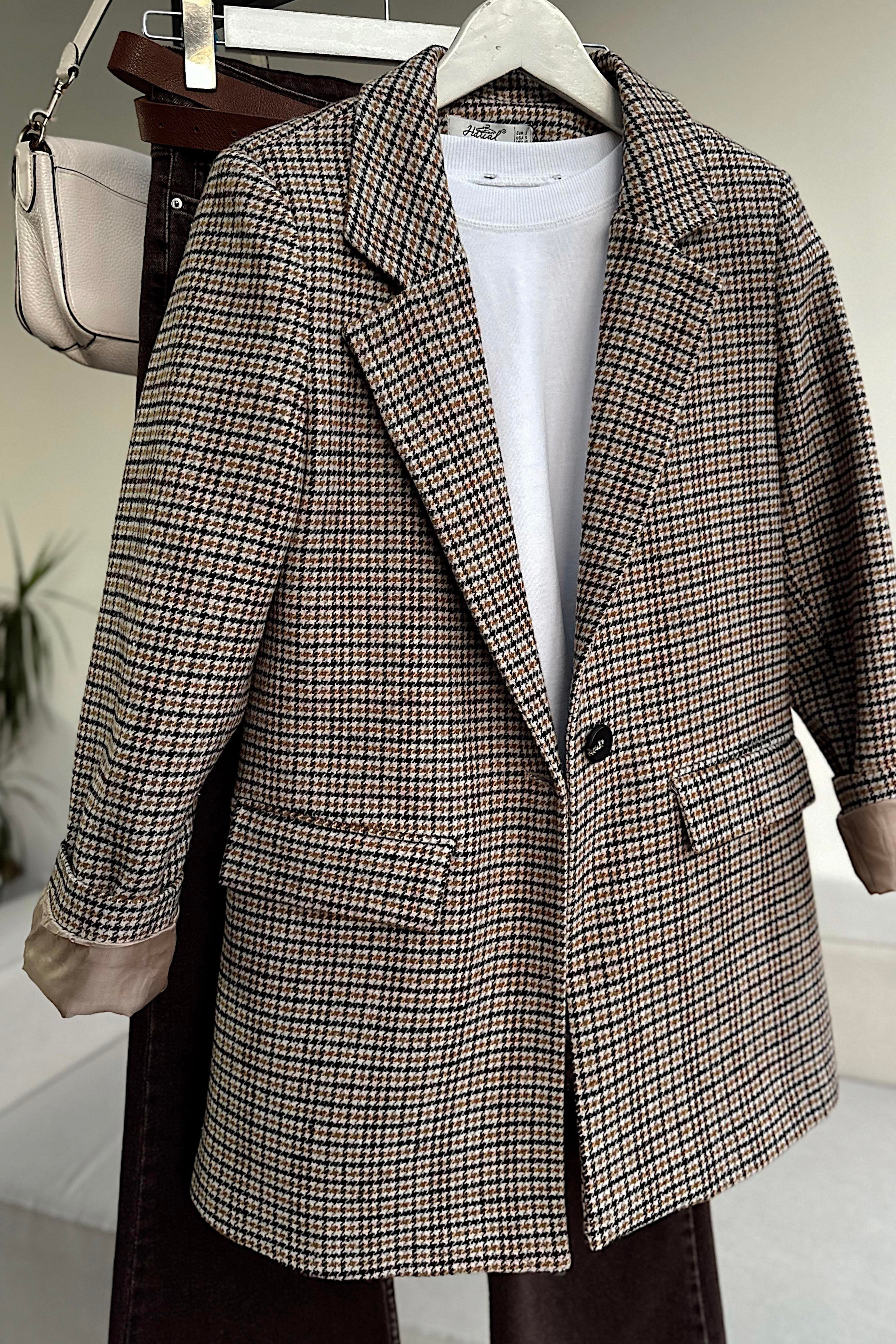 Kareli Kaşe Tek Düğme Blazer Ceket Vizon