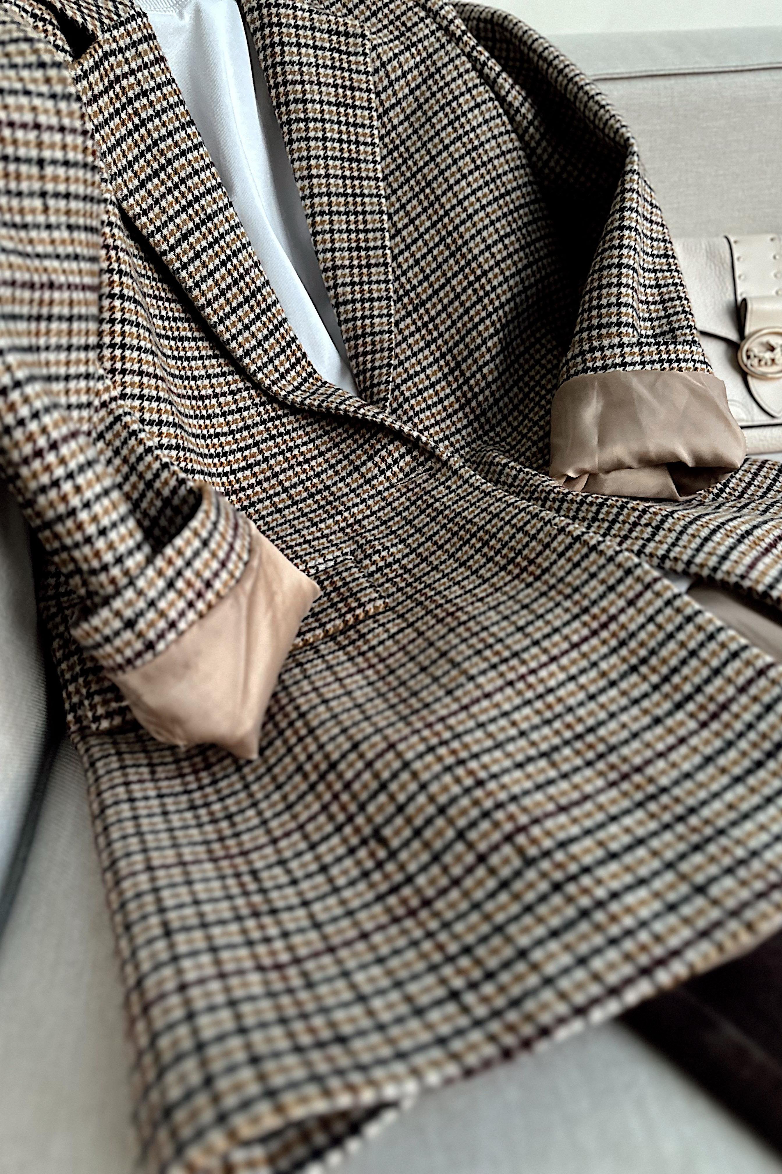 Kareli Kaşe Tek Düğme Blazer Ceket Vizon