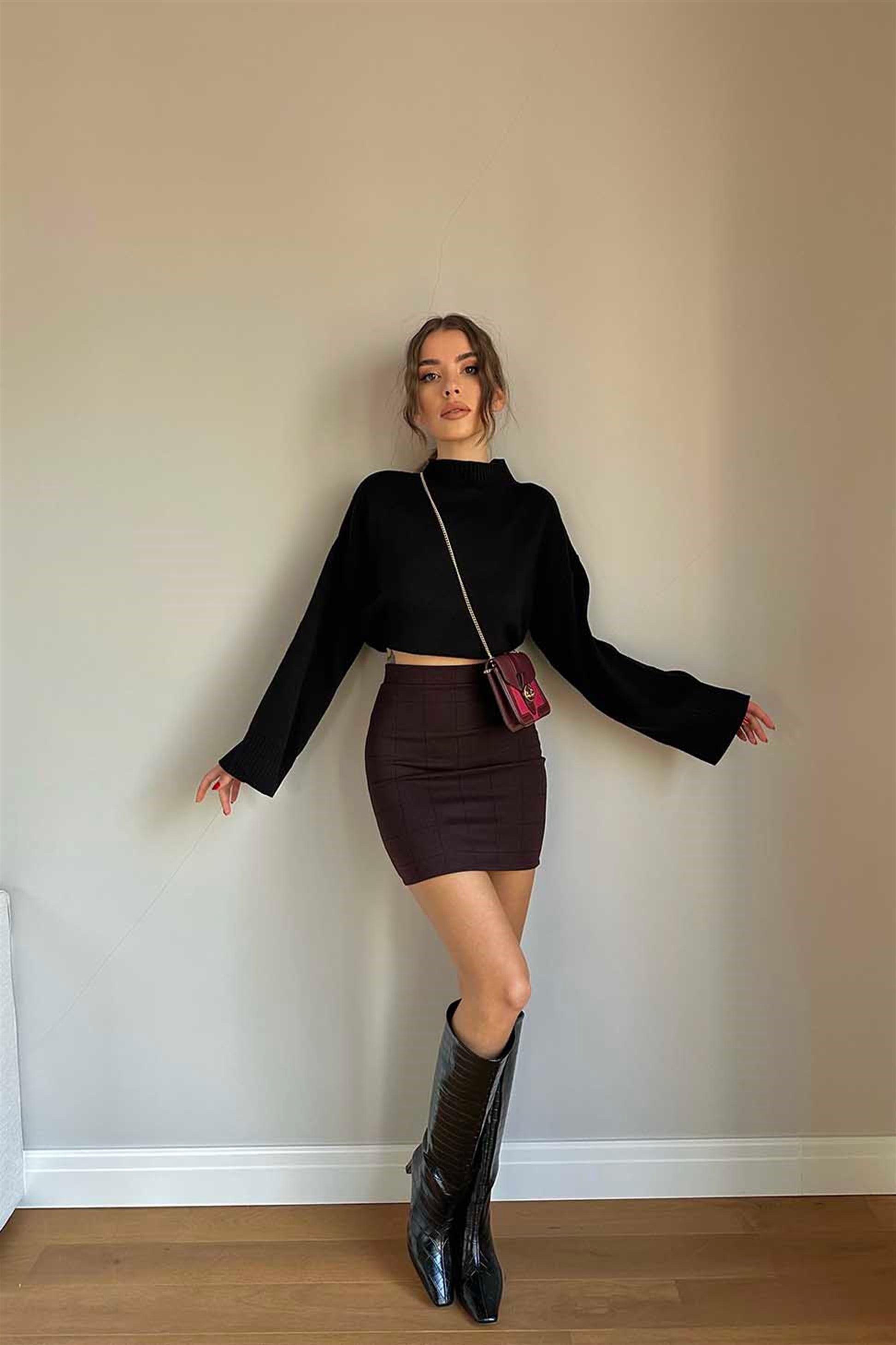 Kareli Mini Etek Bordo