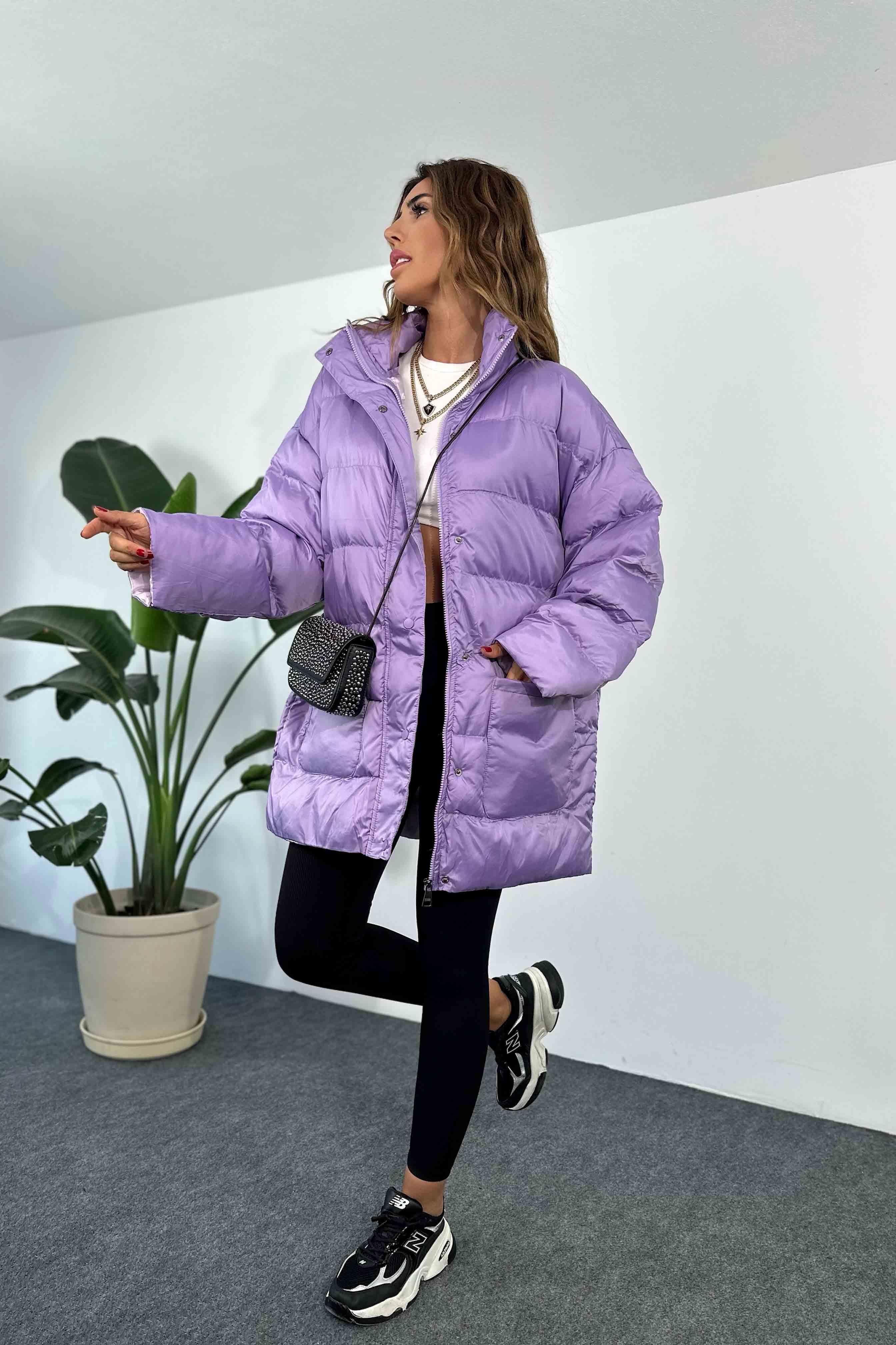 Kargo Cep Detaylı Şişme Mont Lila