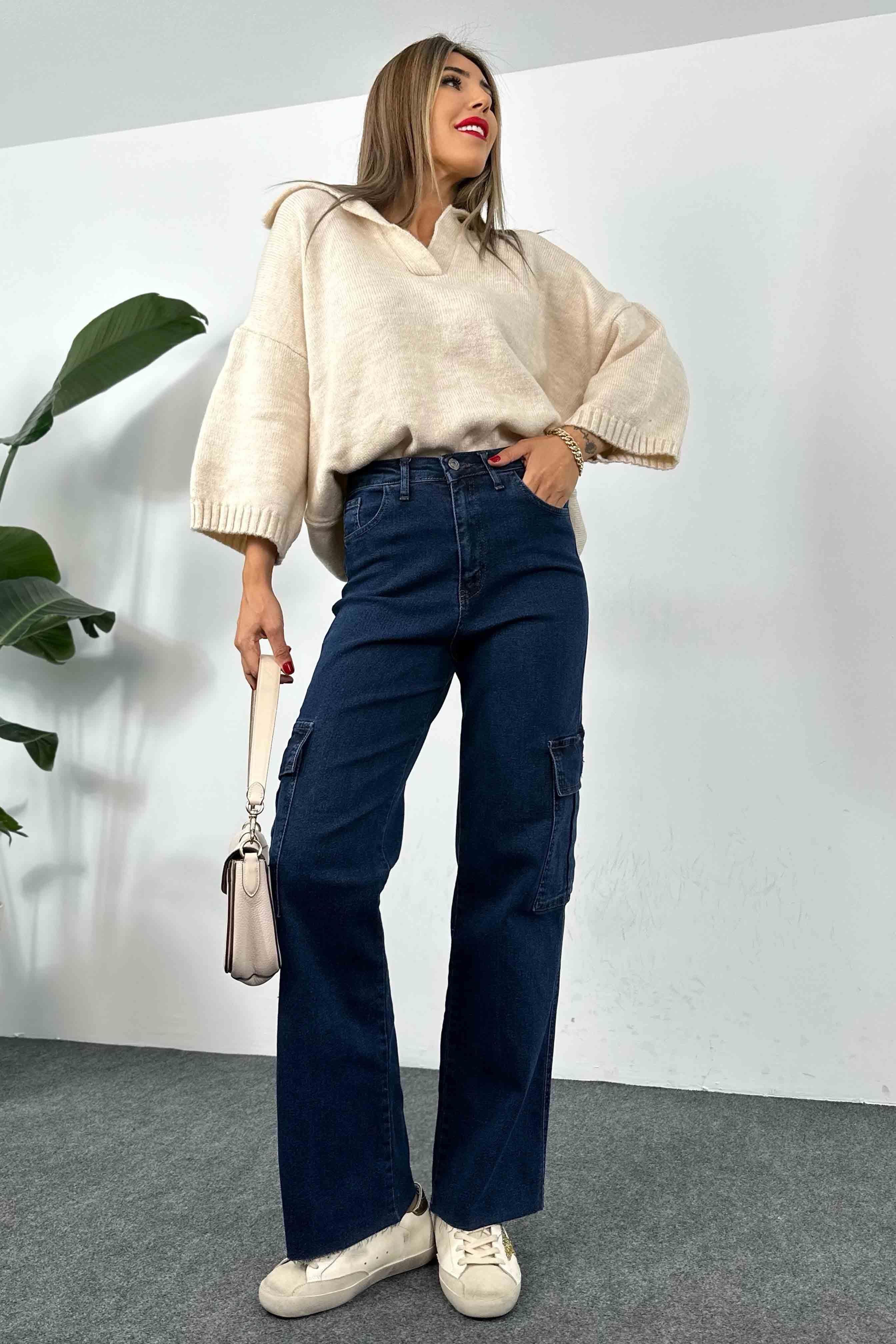 Kargo Cepli Denim Kadın Kargo Pantolon Koyu Mavi