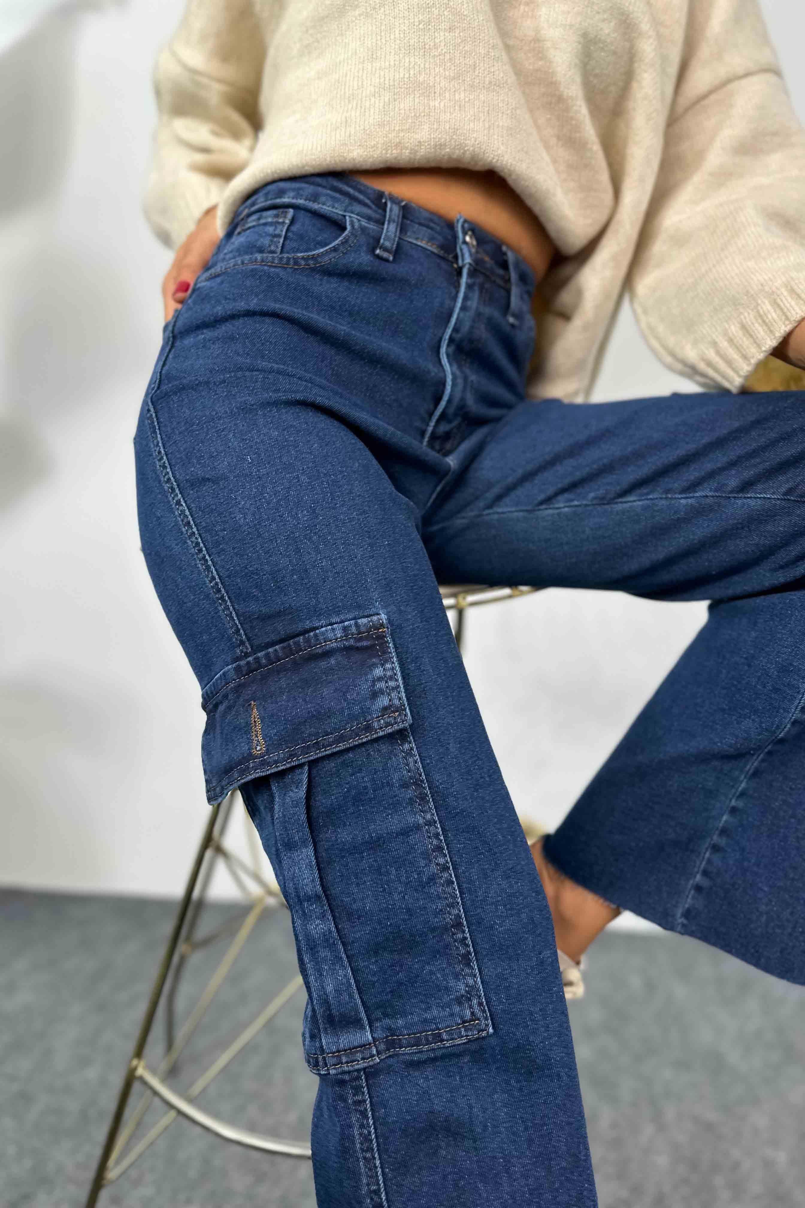 Kargo Cepli Denim Kadın Kargo Pantolon Koyu Mavi