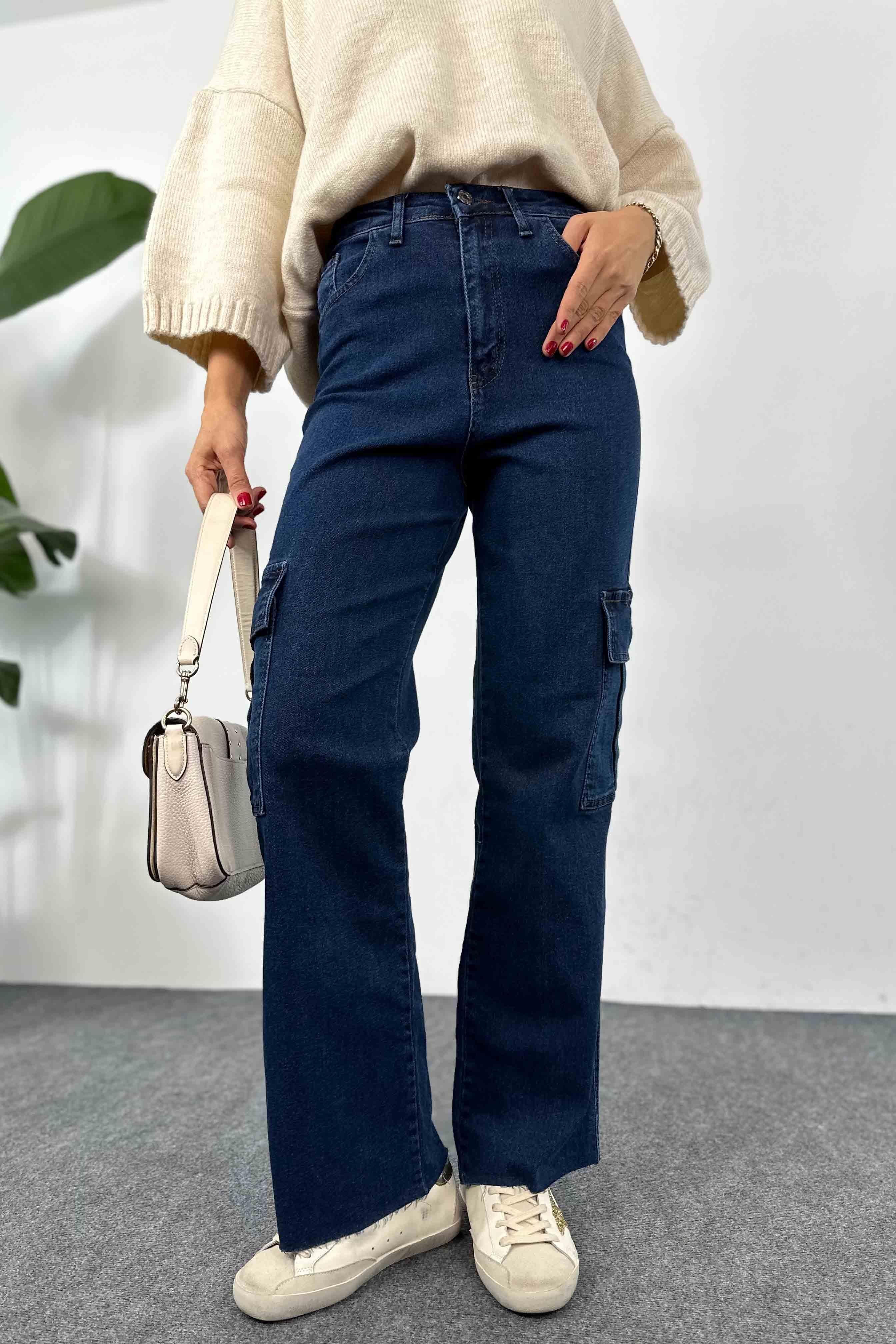 Kargo Cepli Denim Kadın Kargo Pantolon Koyu Mavi