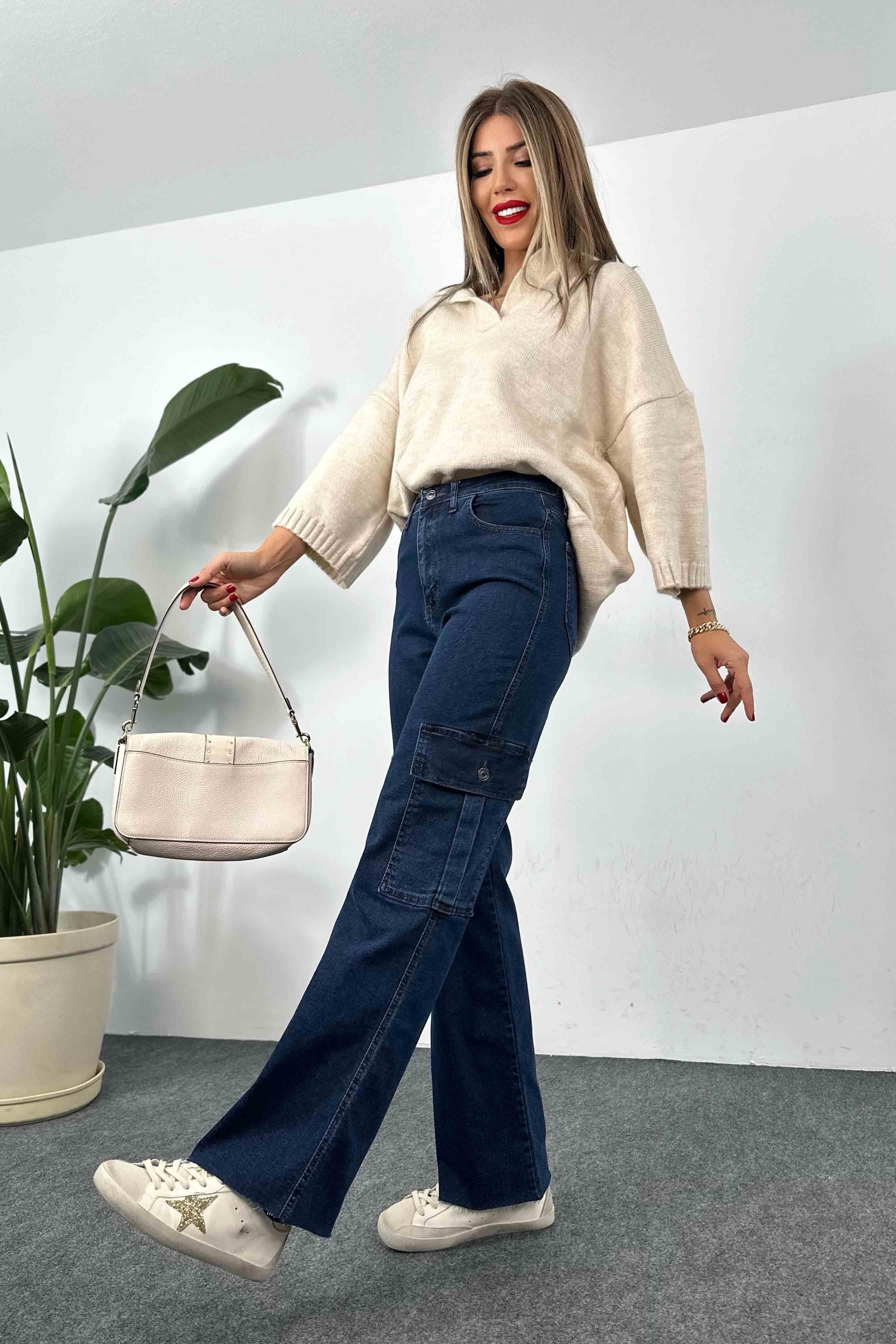 Kargo Cepli Denim Kadın Kargo Pantolon Koyu Mavi
