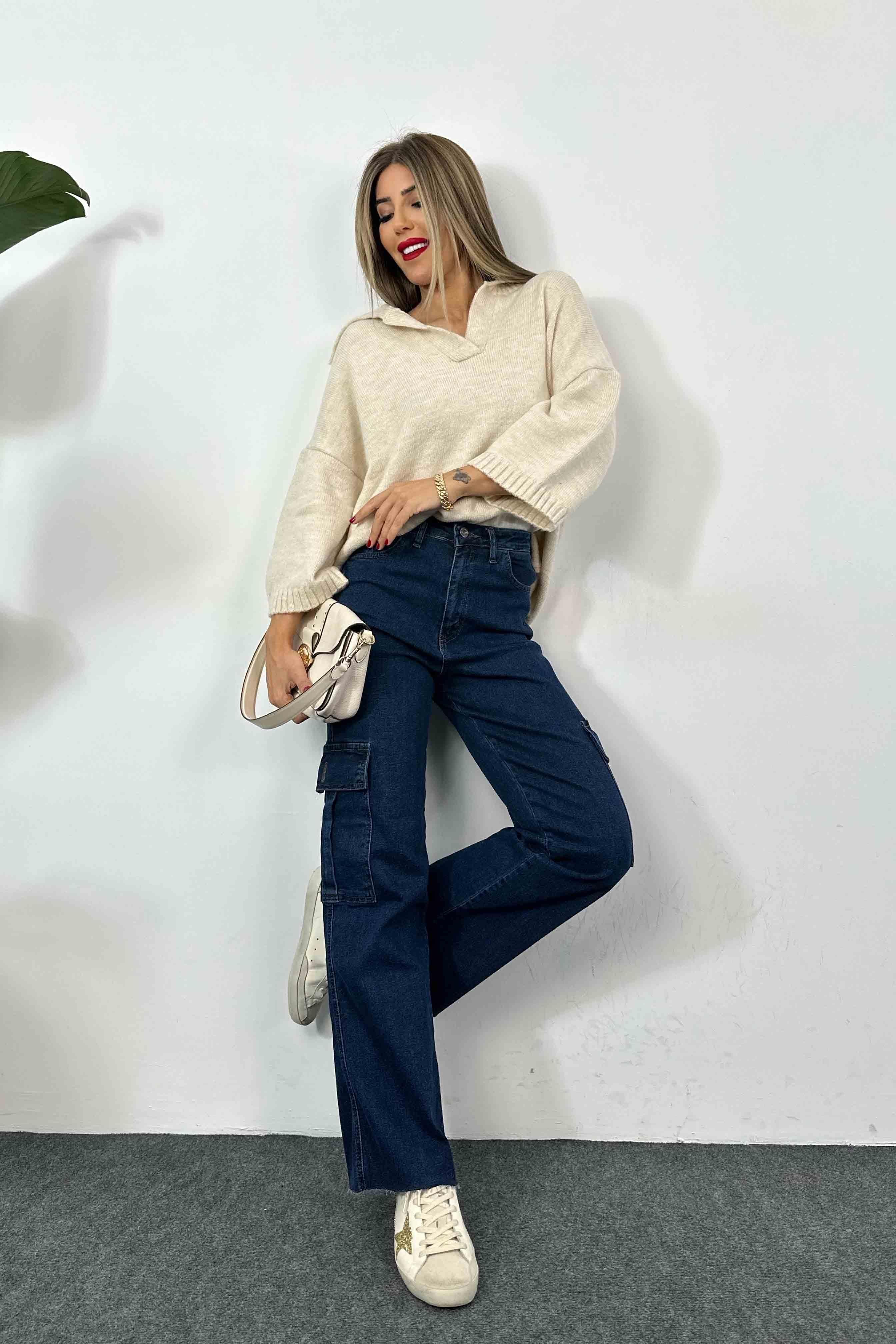 Kargo Cepli Denim Kadın Kargo Pantolon Koyu Mavi