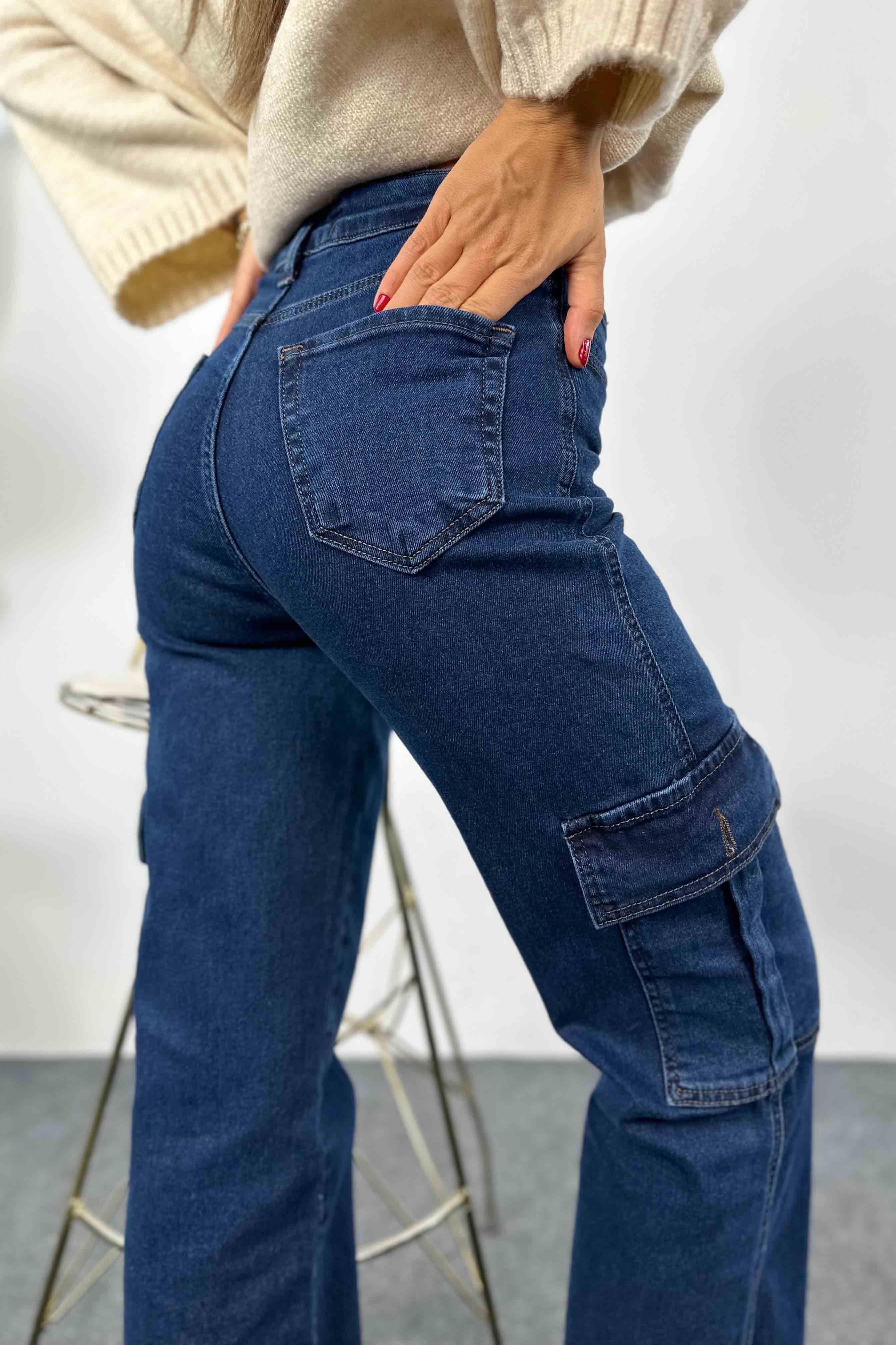 Kargo Cepli Denim Kadın Kargo Pantolon Koyu Mavi