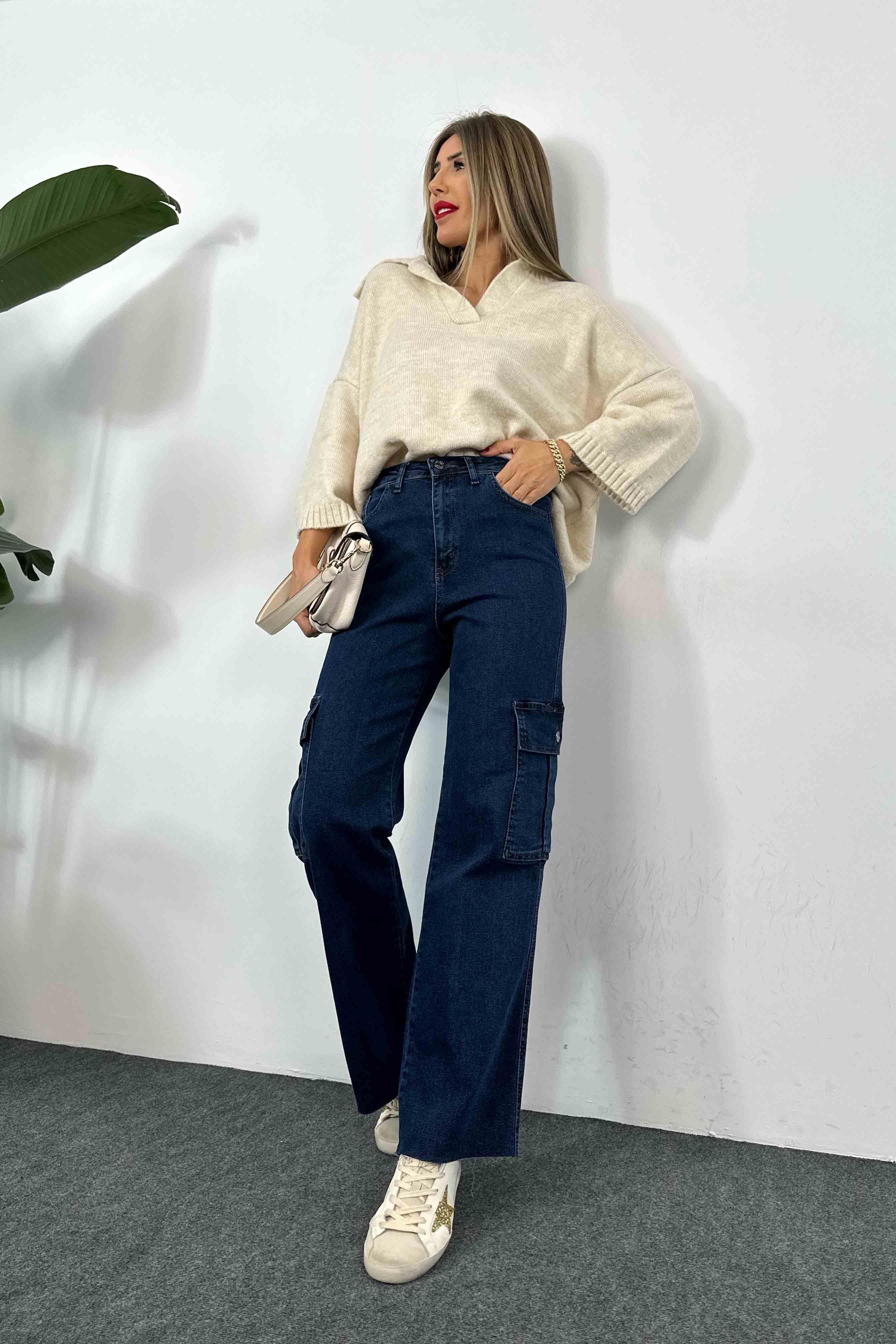 Kargo Cepli Denim Kadın Kargo Pantolon Koyu Mavi