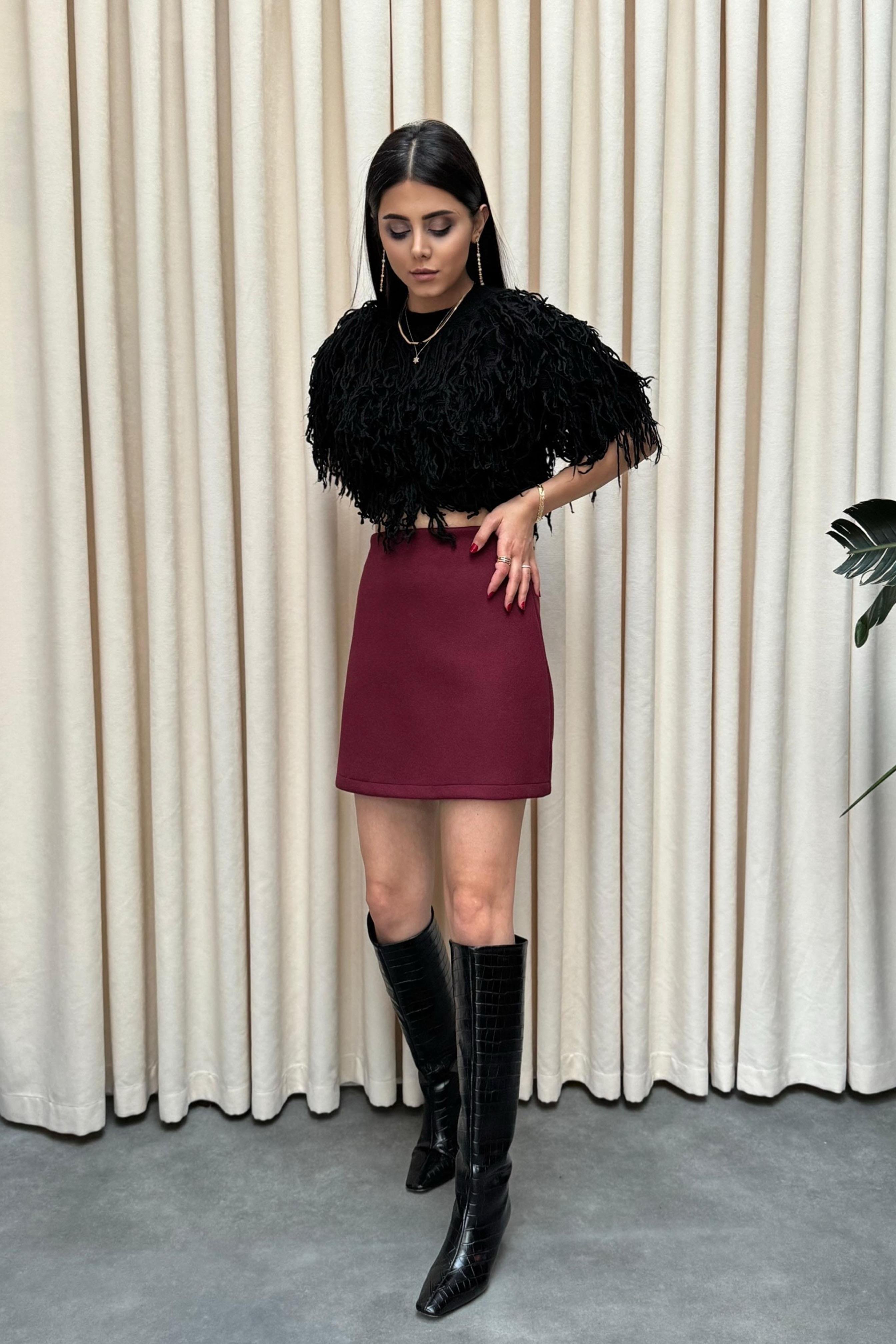 Kaşe Yandan Fermuarlı Mini Etek Bordo