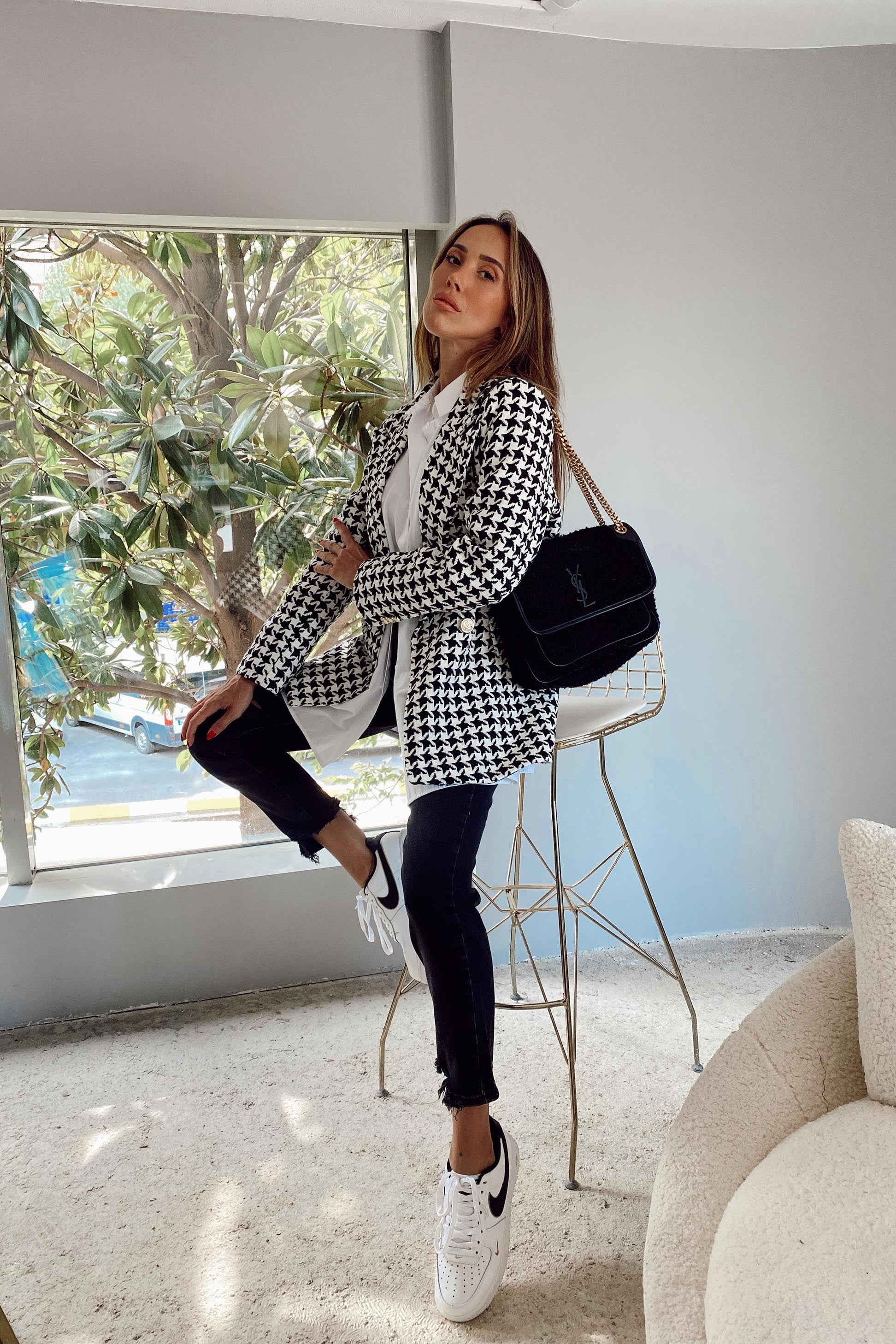 Kaz Ayağı Desenli Blazer Ceket
