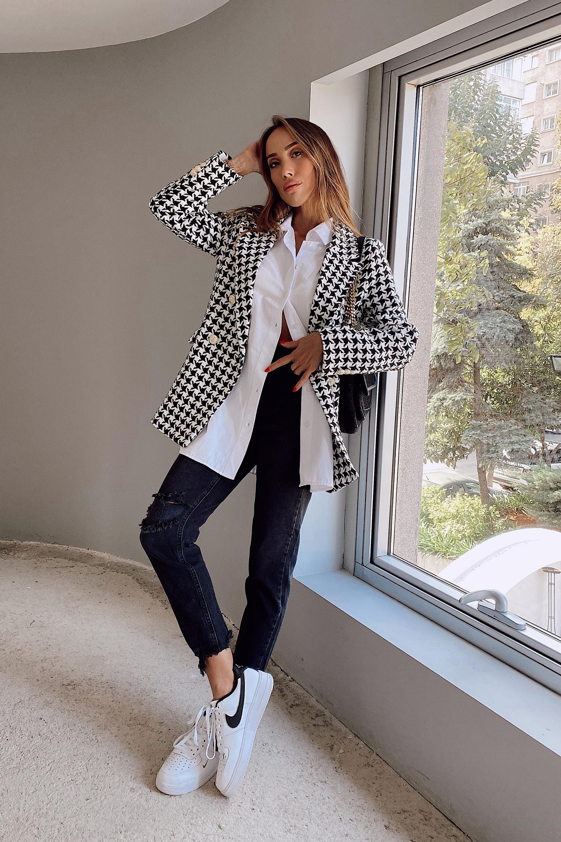 Kaz Ayağı Desenli Blazer Ceket