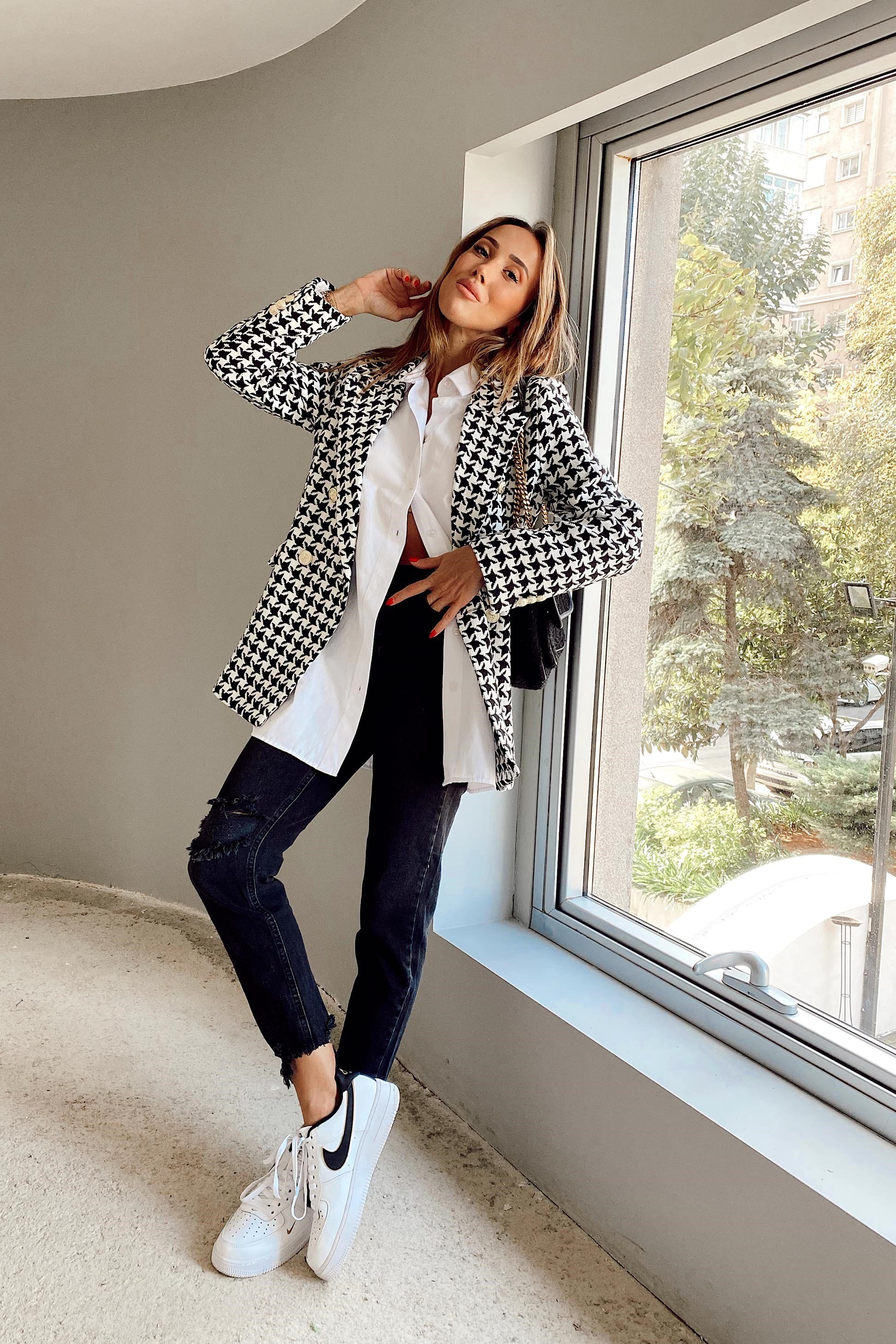 Kaz Ayağı Desenli Blazer Ceket