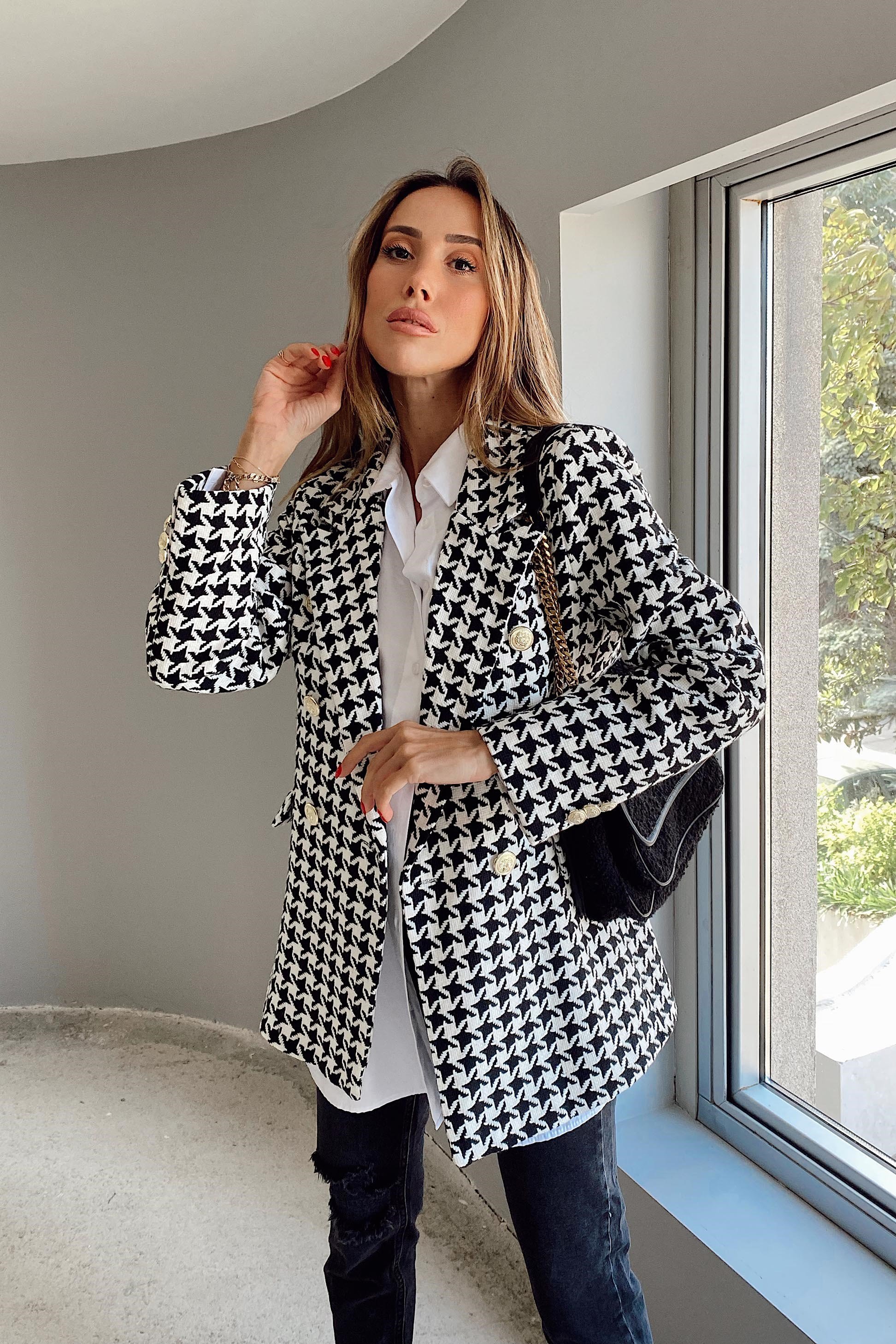 Kaz Ayağı Desenli Blazer Ceket