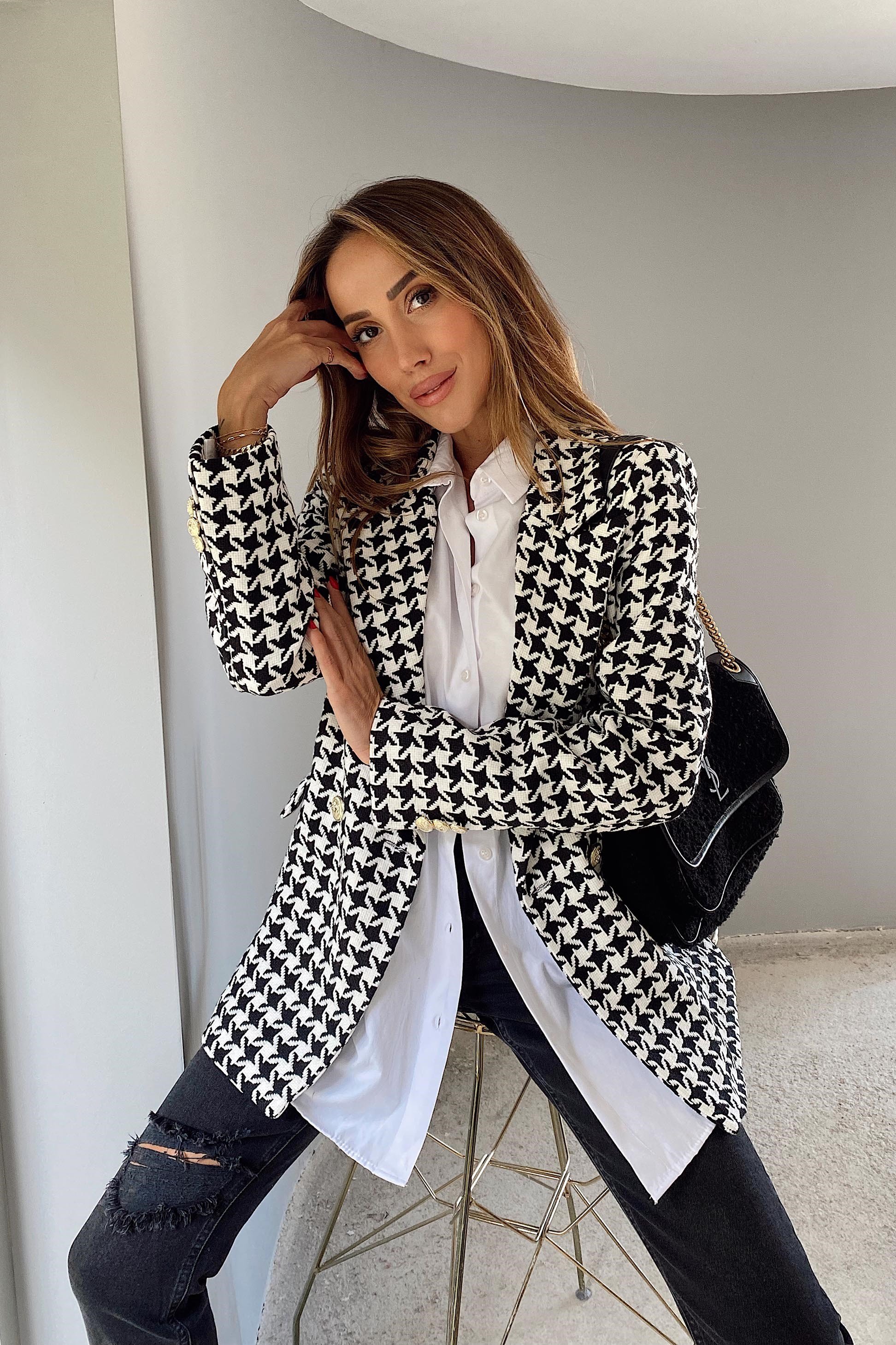 Kaz Ayağı Desenli Blazer Ceket