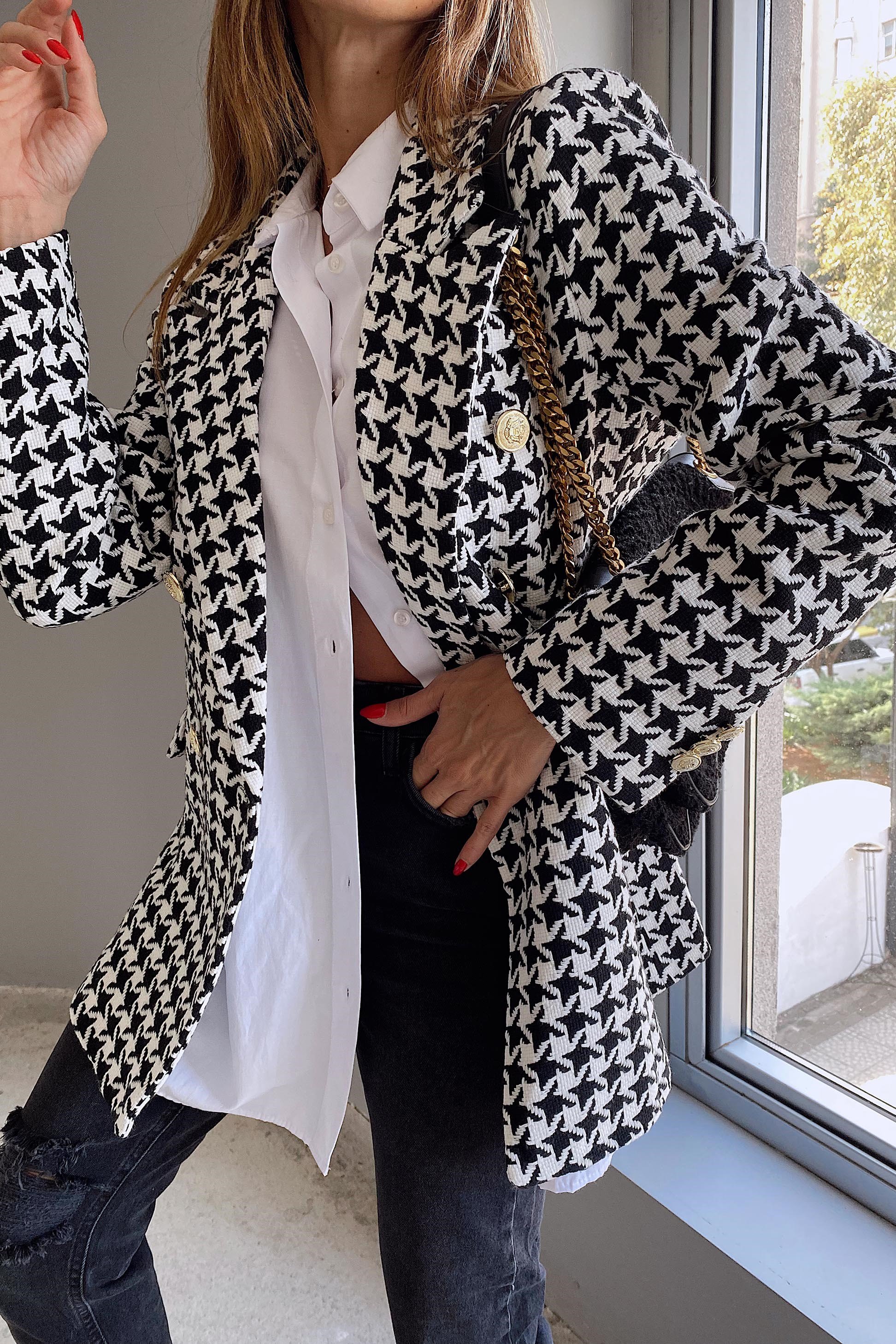 Kaz Ayağı Desenli Blazer Ceket