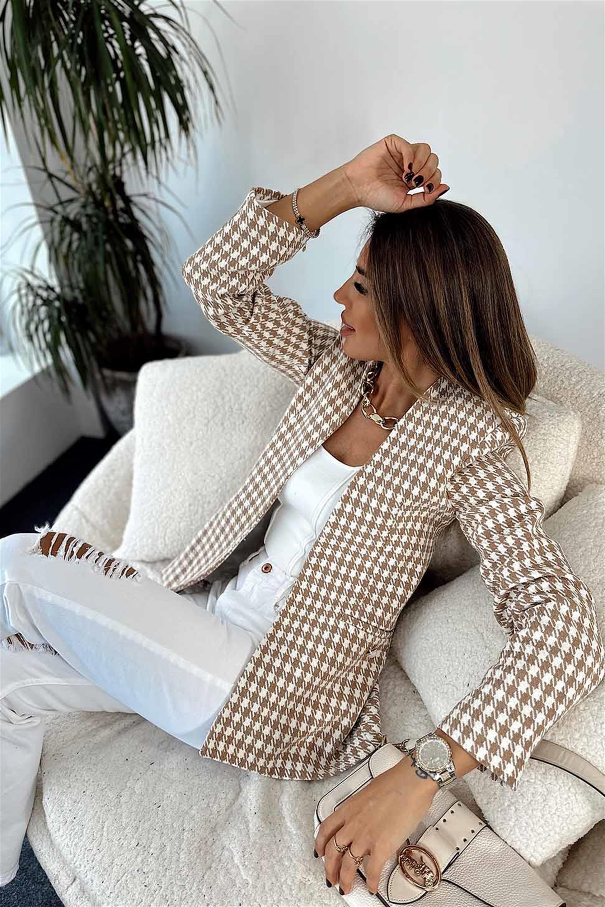 Kazayağı Desen Astarlı Blazer Ceket Vizon