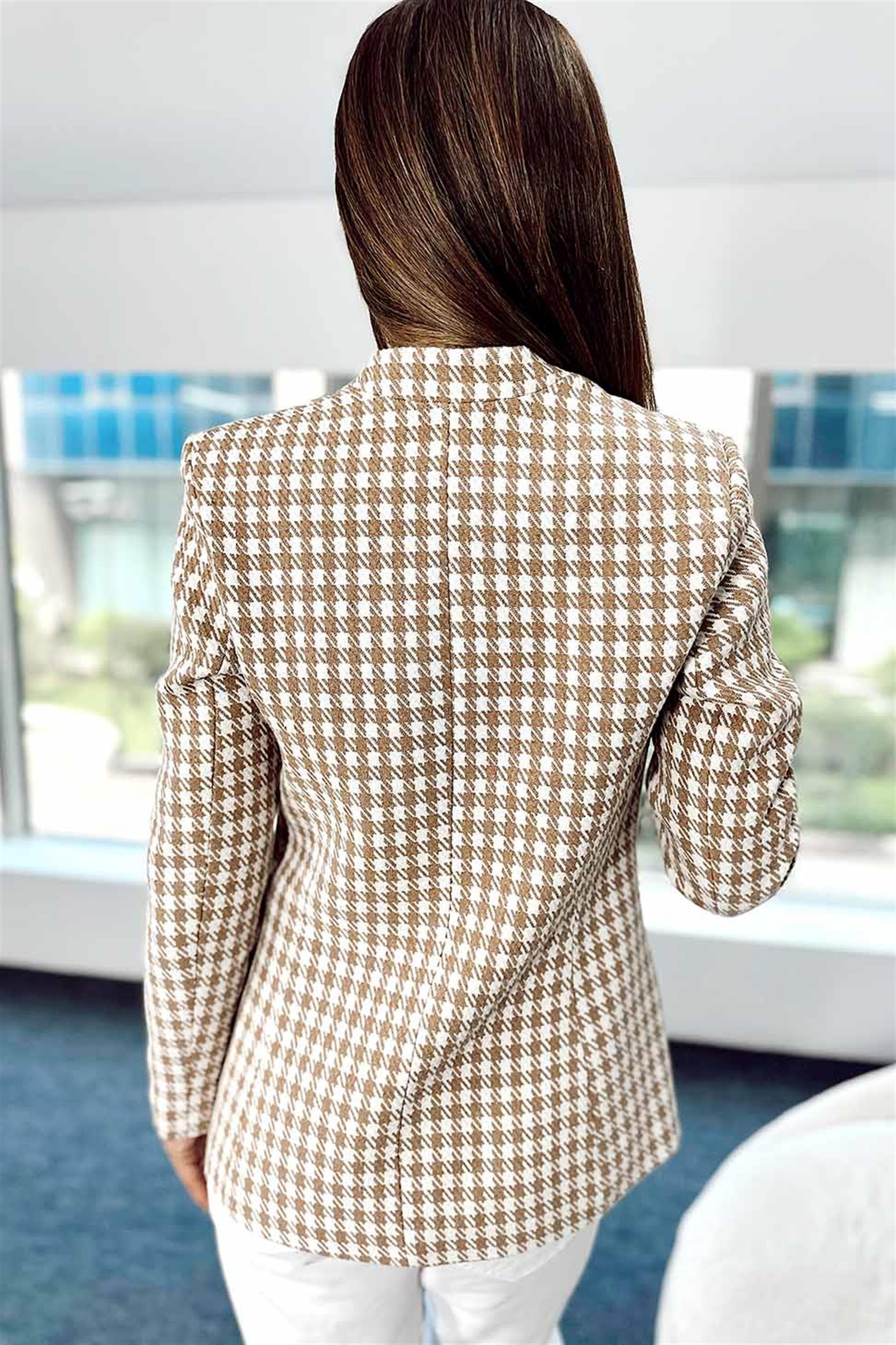 Kazayağı Desen Astarlı Blazer Ceket Vizon