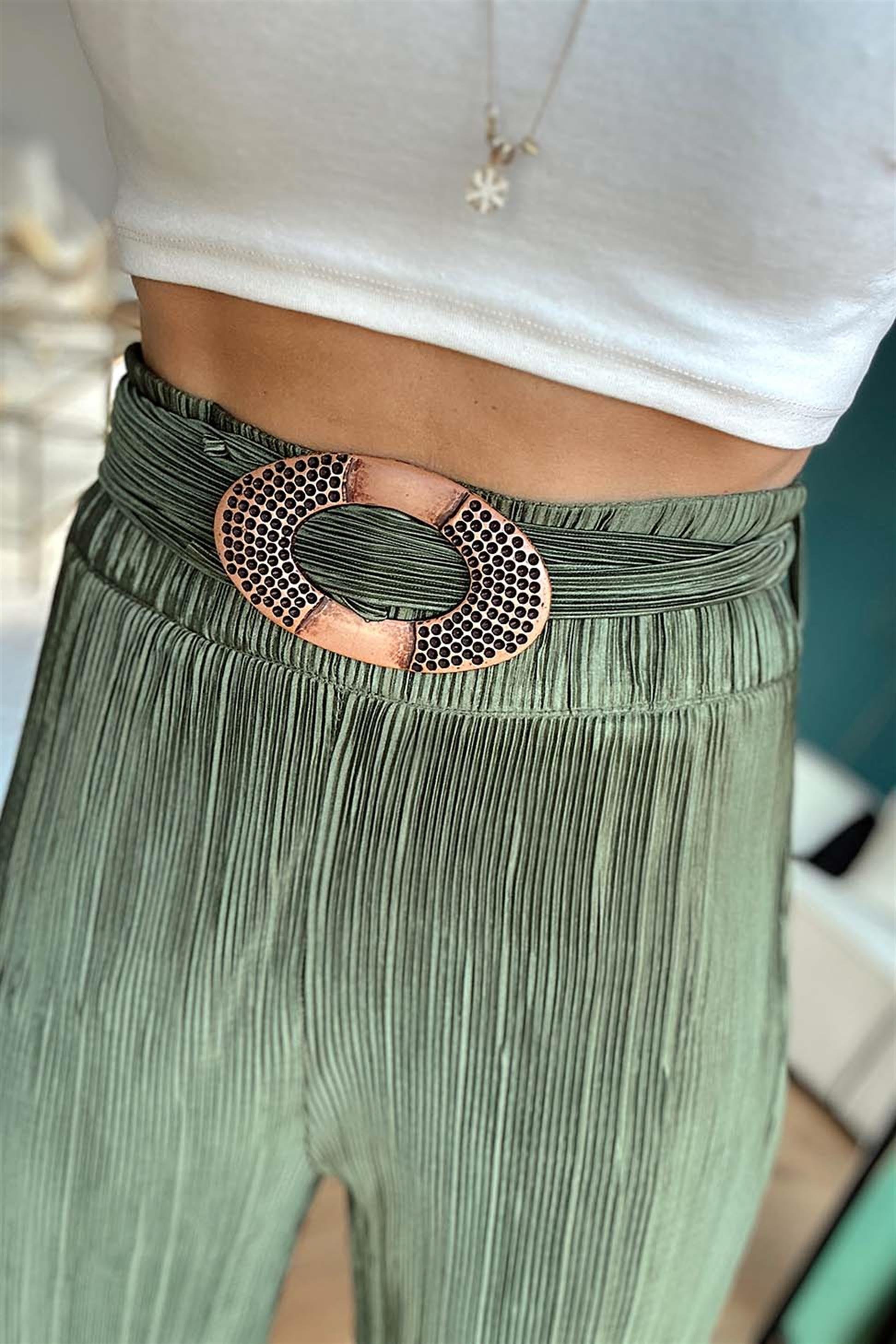 Kendinden Kemerli Akordiyon Kumaş Salaş Pantolon Haki