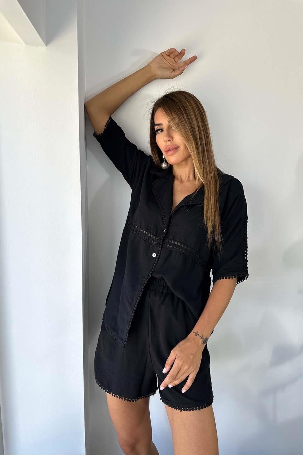Keten Dokulu Dantel Detaylı Şort Takım Siyah