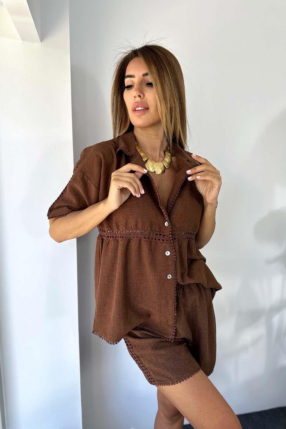Keten Dokulu Dantel Detaylı Şort Takım Acı Kahve