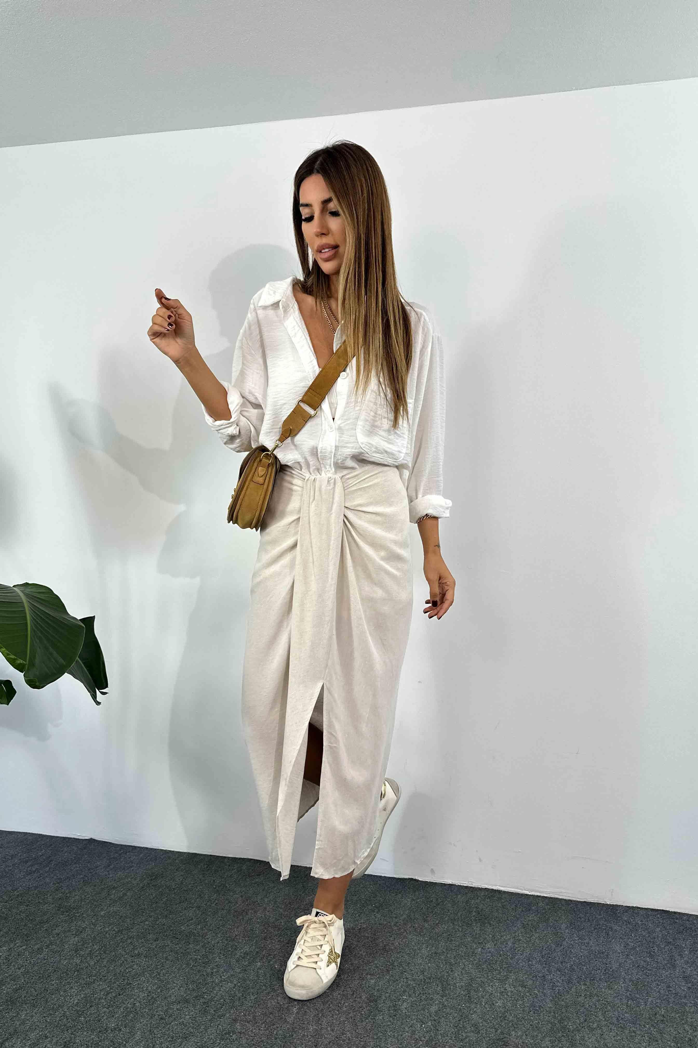 Keten Dokulu Drape Detaylı Etek Taş