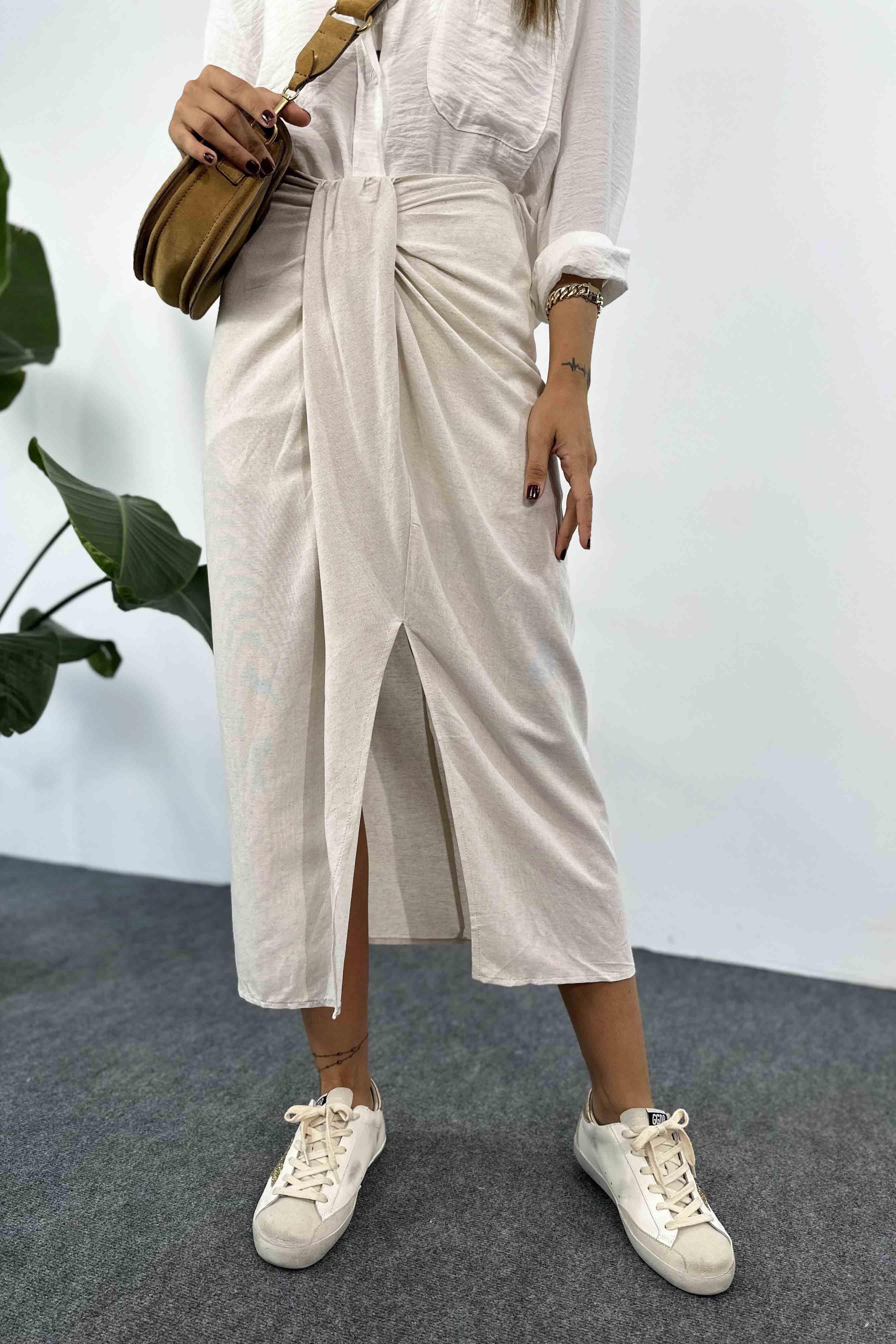 Keten Dokulu Drape Detaylı Etek Taş