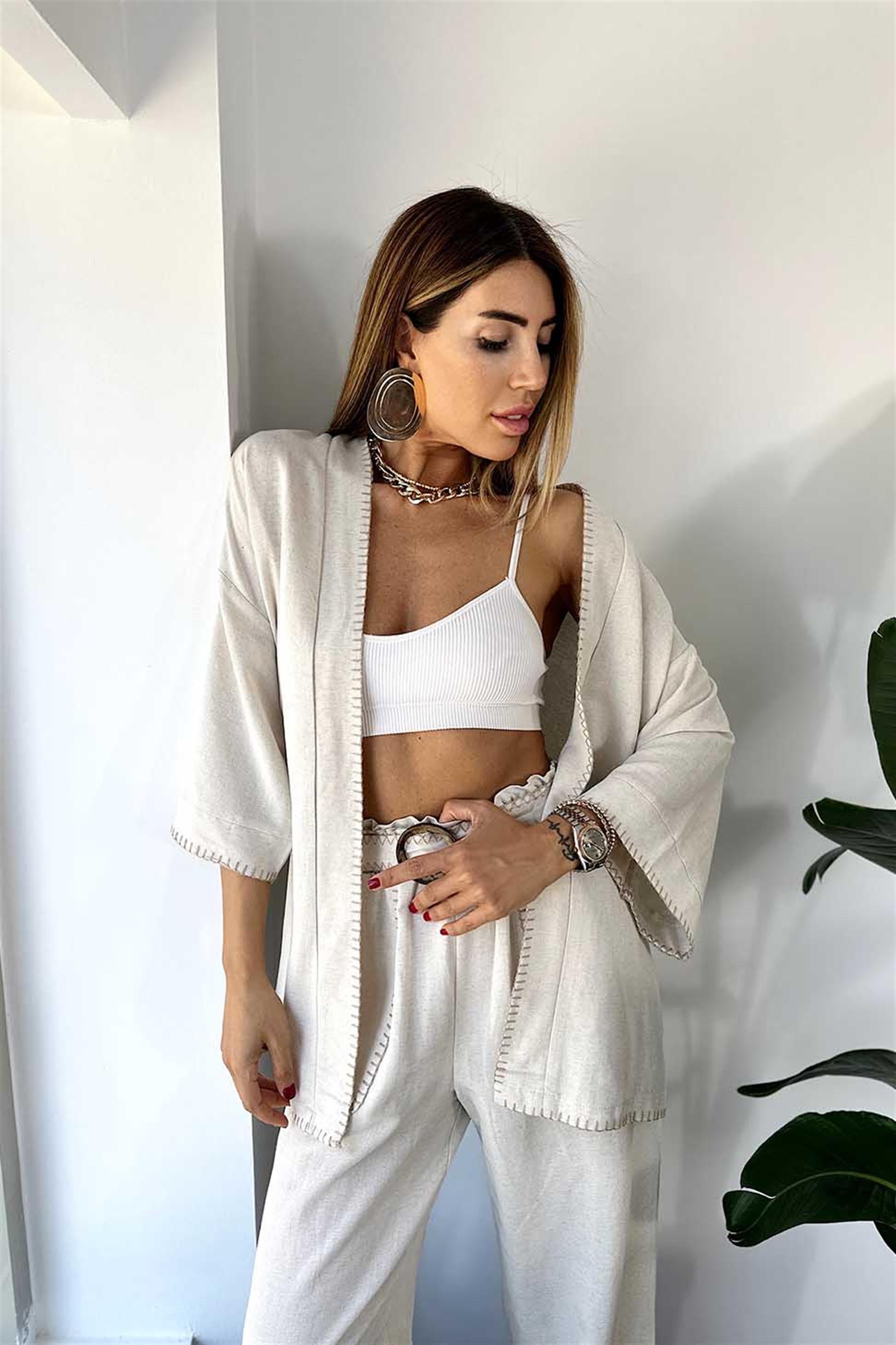 Keten Dokulu Kontras Dikişli Kimono Taş