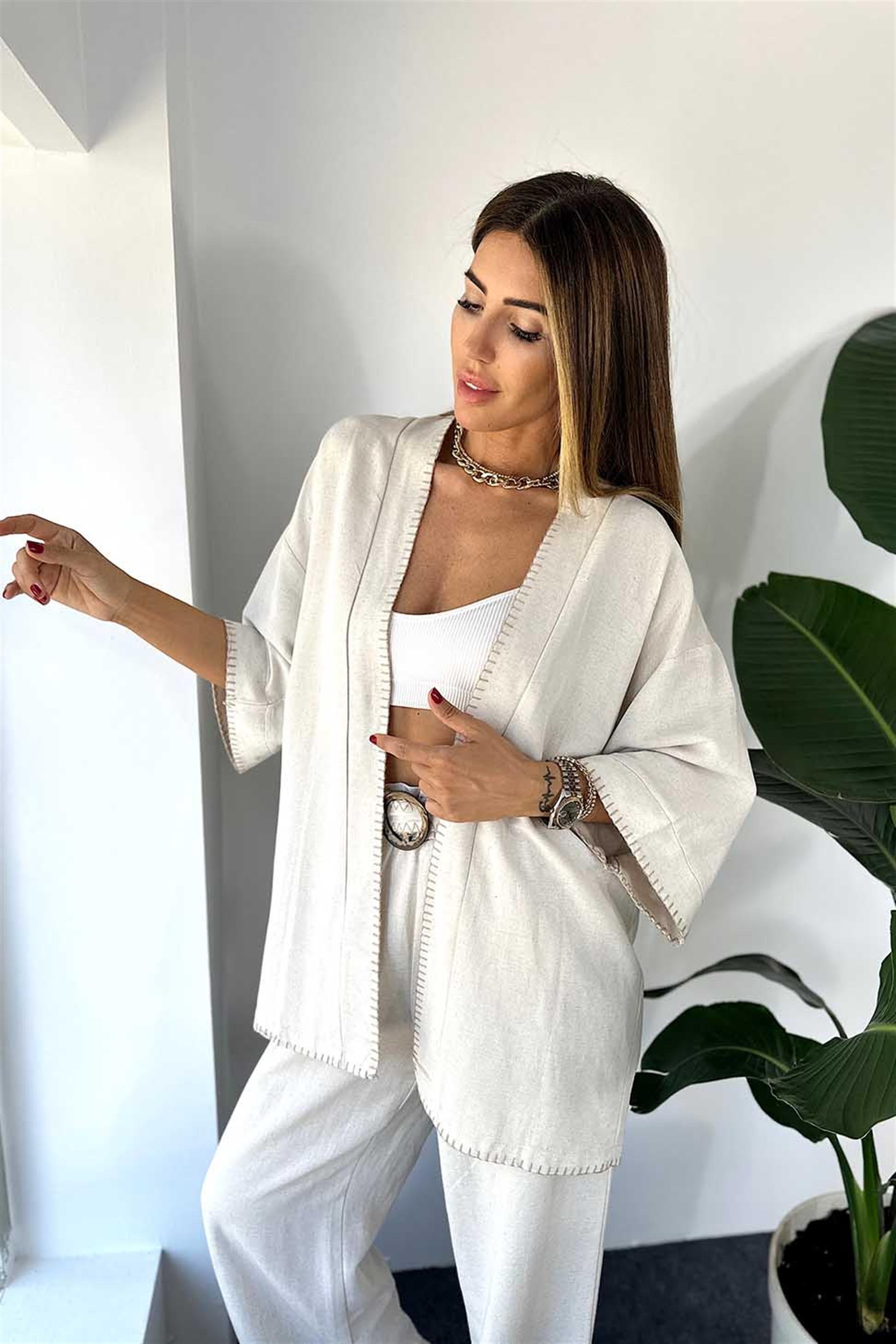 Keten Dokulu Kontras Dikişli Kimono Taş