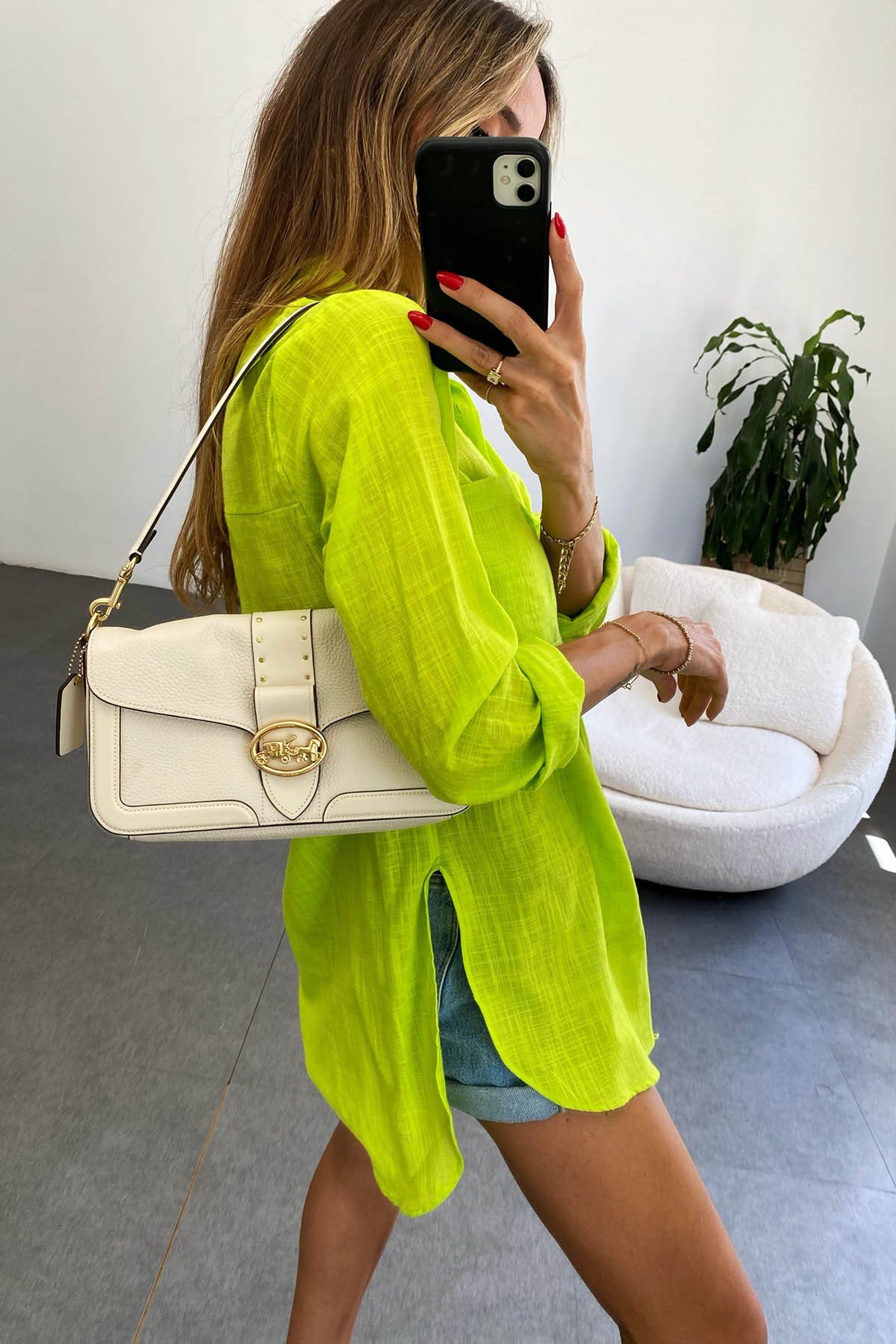 Keten Dokulu Neon Yeşil Gömlek