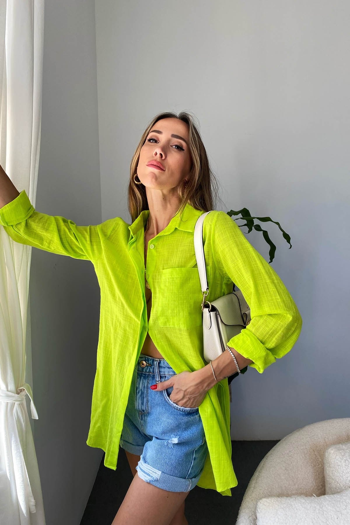 Keten Dokulu Neon Yeşil Gömlek