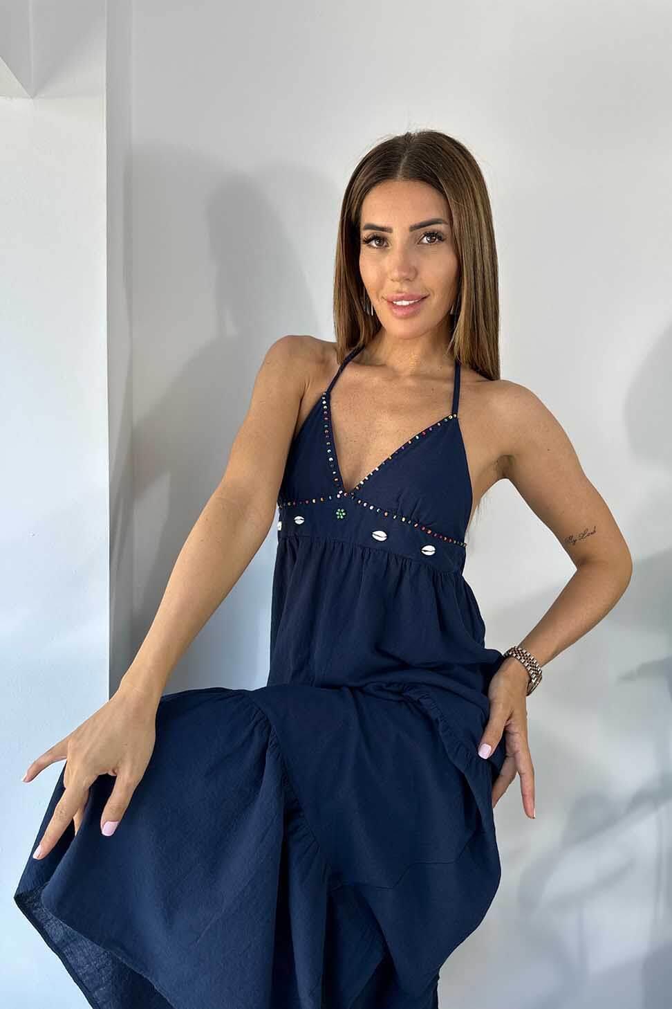 Keten Dokulu Pamuklu Boncuk Detay Kadın Elbise Lacivert