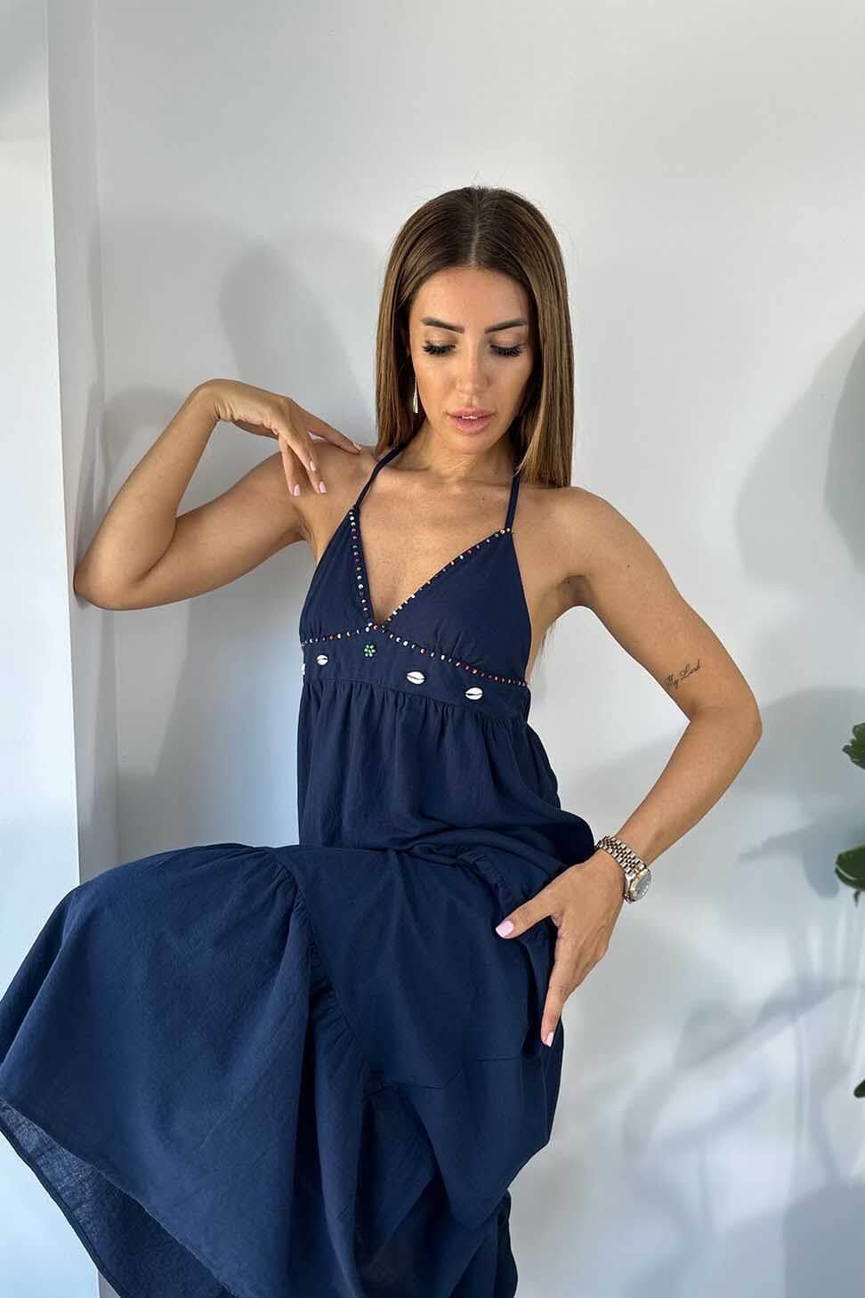Keten Dokulu Pamuklu Boncuk Detay Kadın Elbise Lacivert