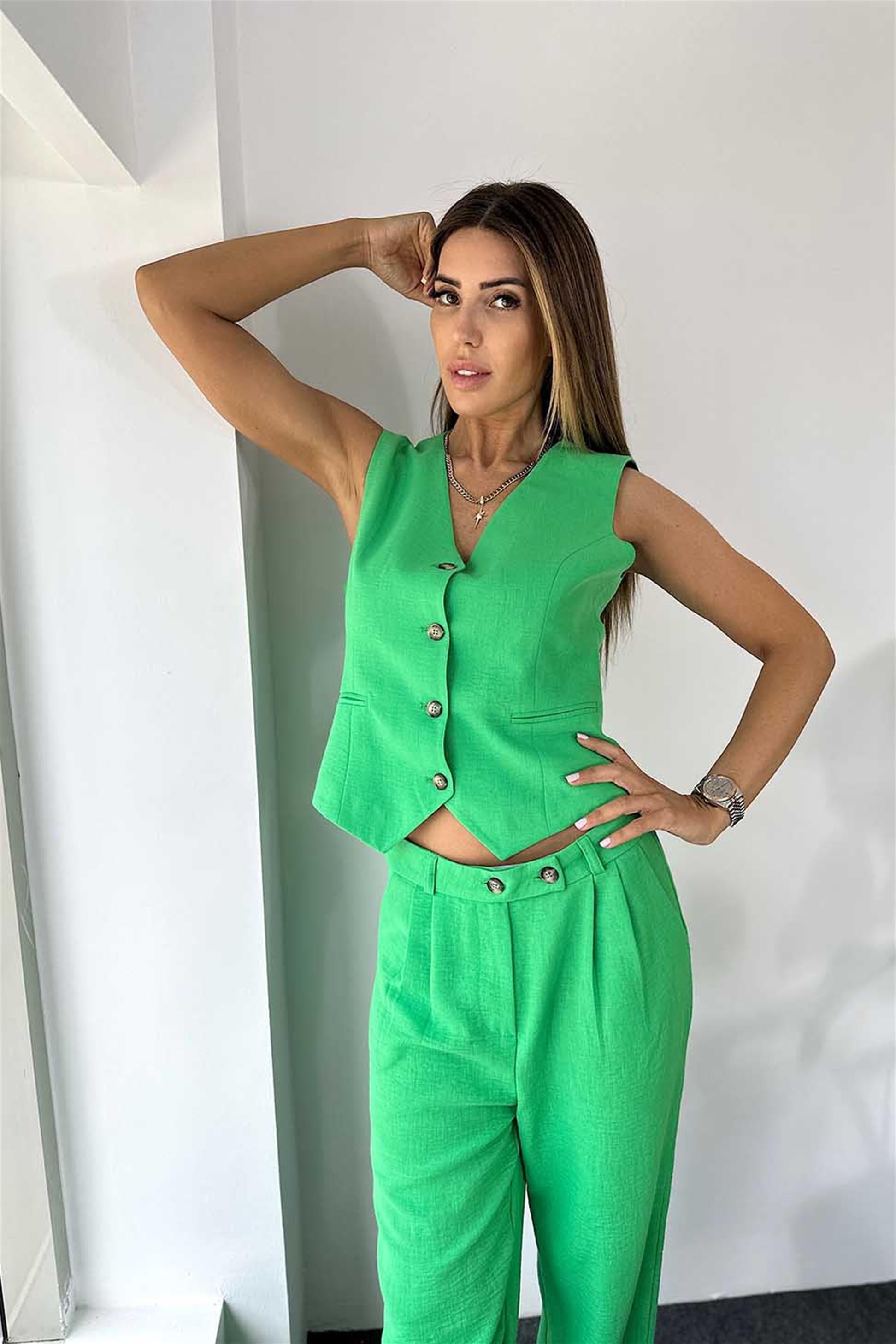 Keten Dokulu Pile Detay Bol Pantolon Yelek Kadın Takım Yeşil