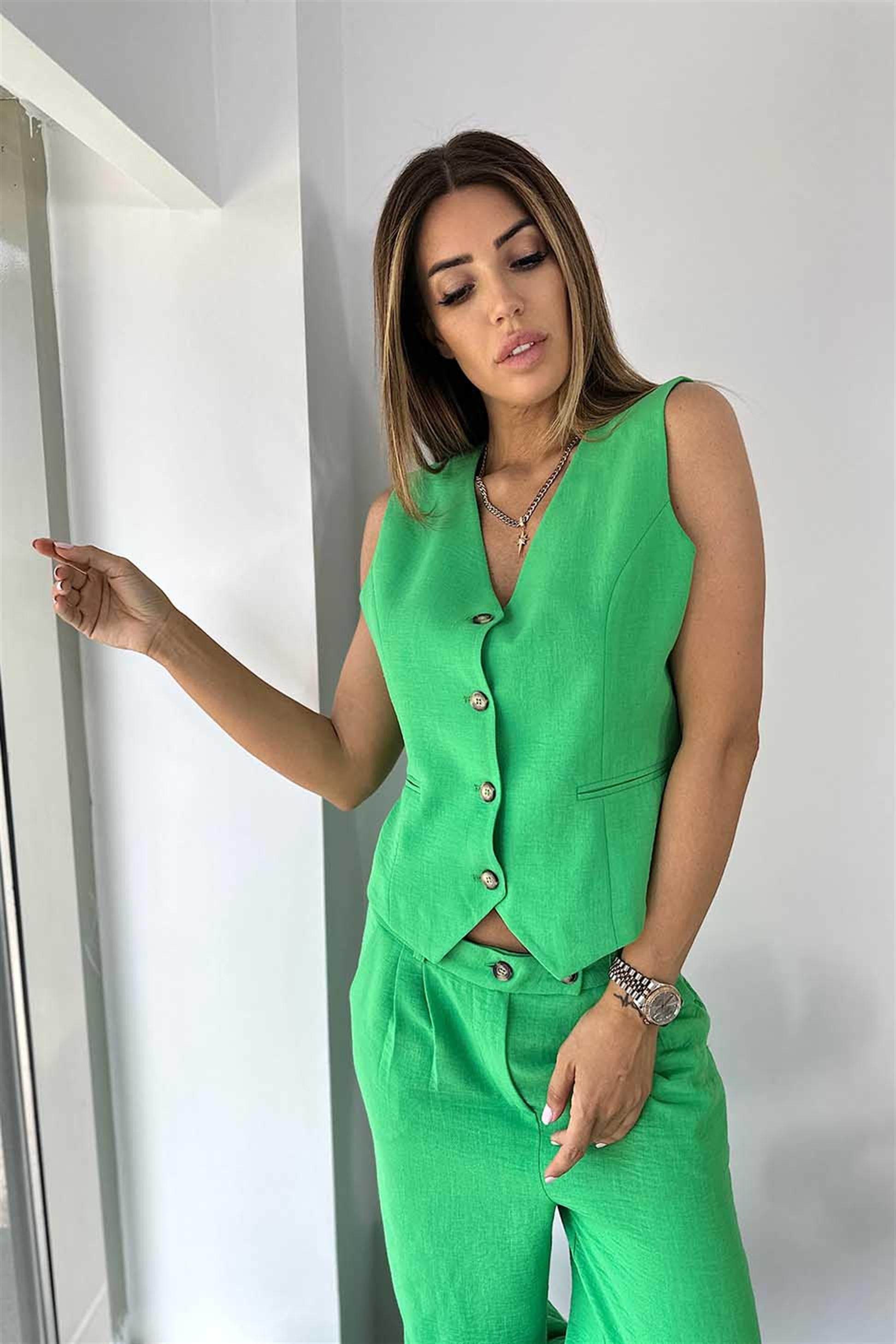 Keten Dokulu Pile Detay Bol Pantolon Yelek Kadın Takım Yeşil