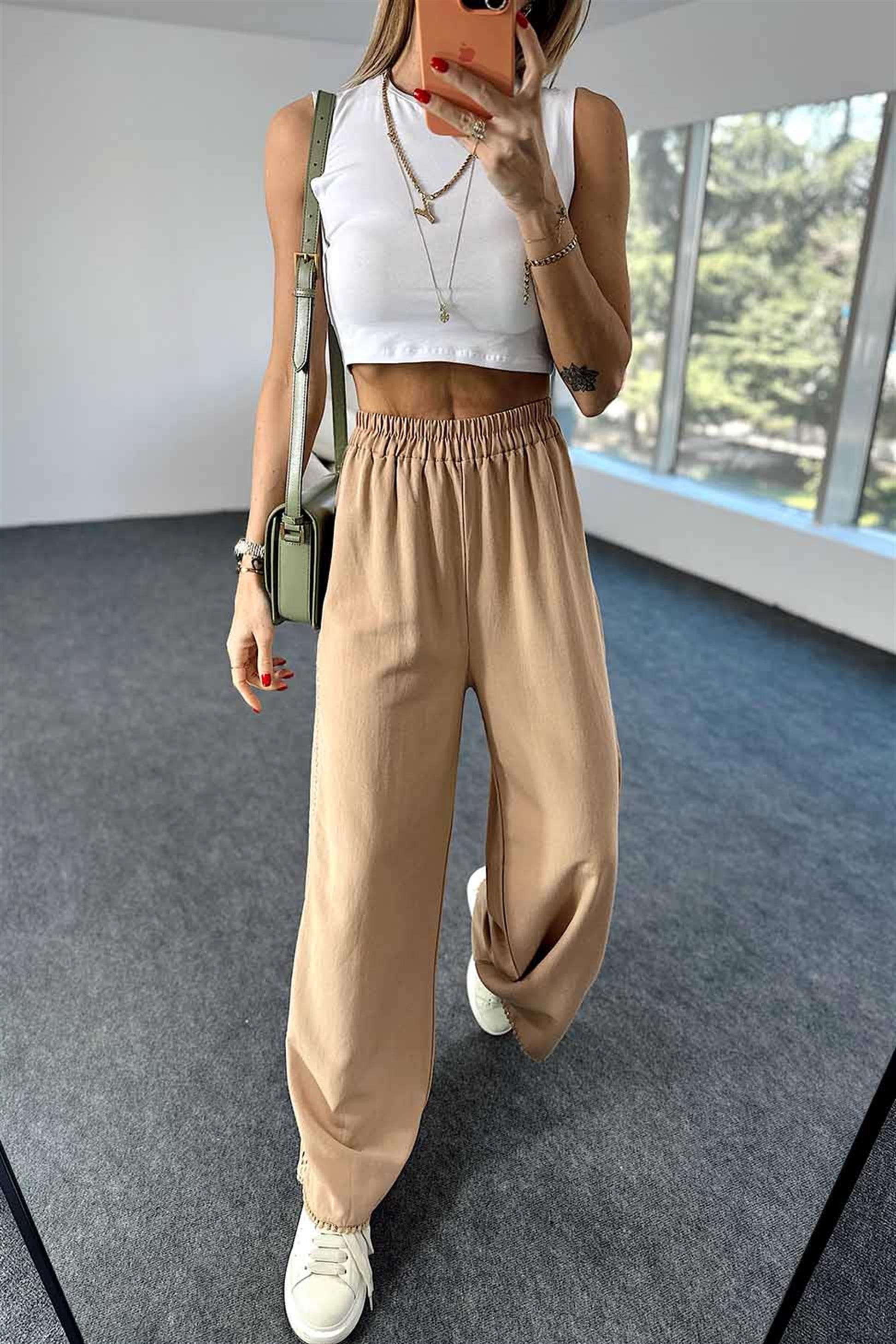 Keten Kumaş Dantel Şerit Detaylı Salaş Keten Pantolon Camel