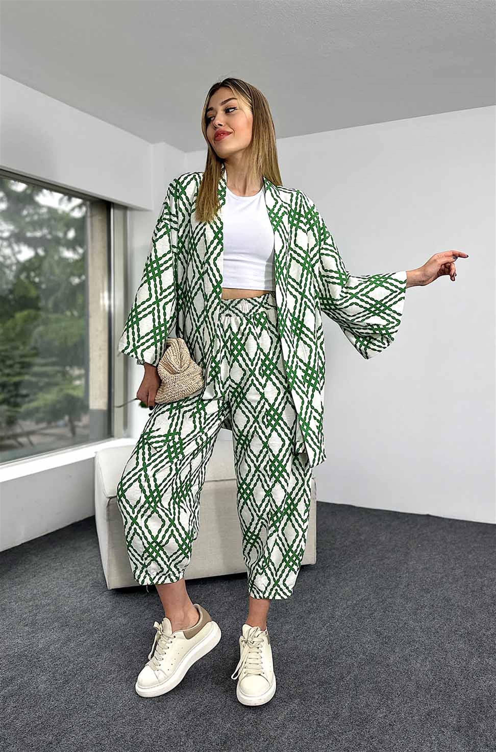 Keten Kumaş Desenli Kimono KAdın Takım Yeşil