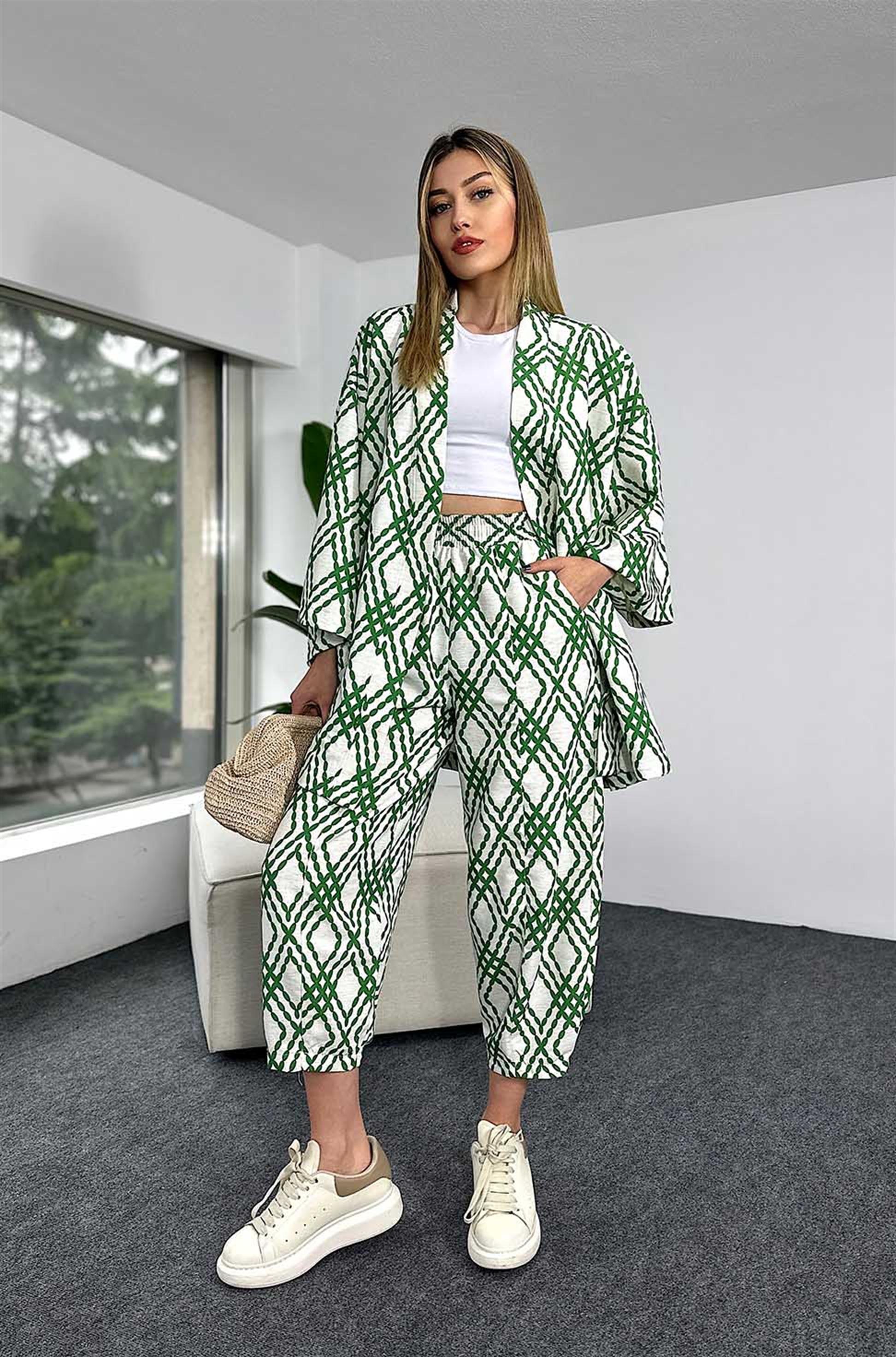 Keten Kumaş Desenli Kimono KAdın Takım Yeşil