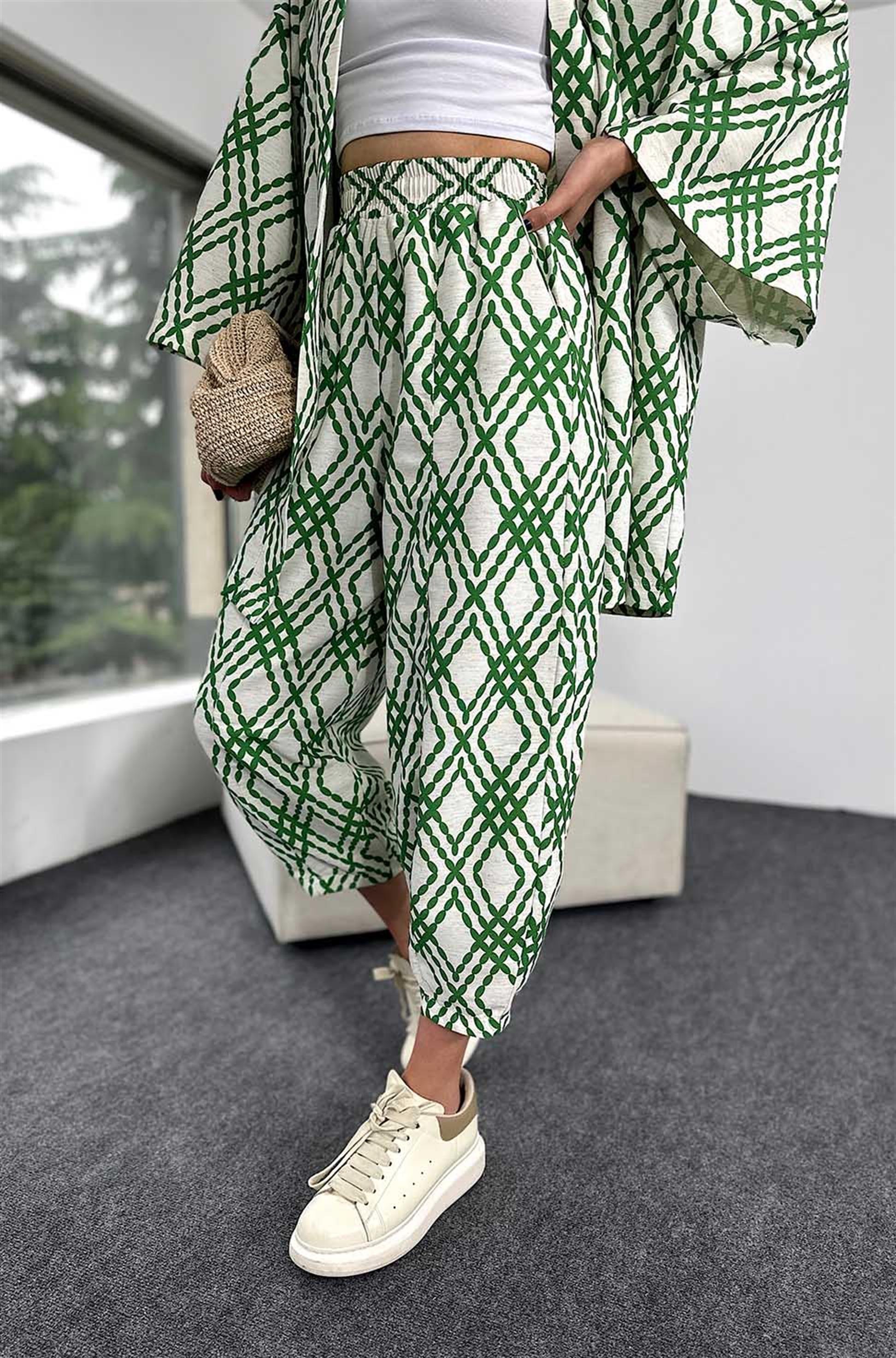 Keten Kumaş Desenli Kimono KAdın Takım Yeşil