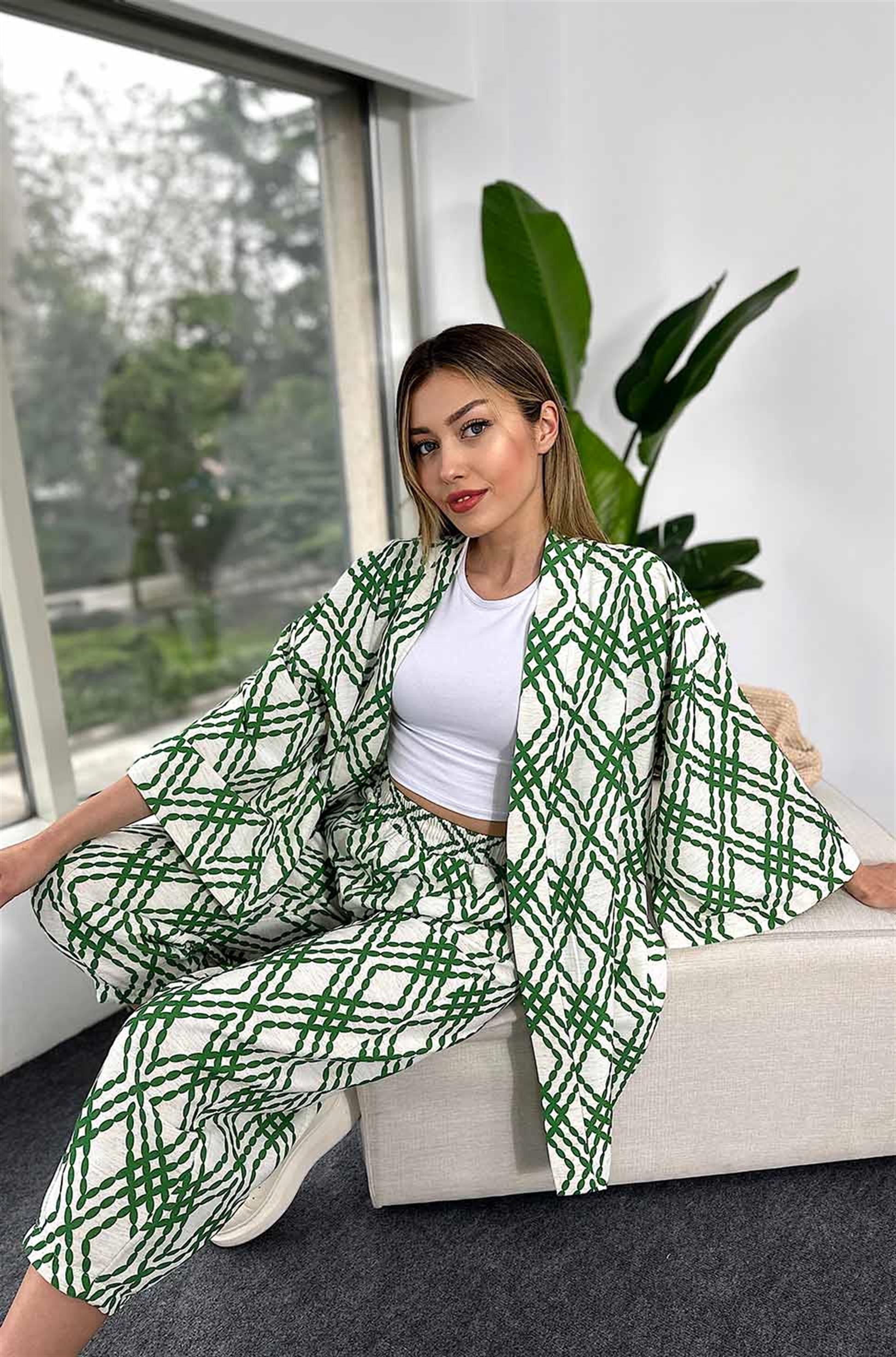 Keten Kumaş Desenli Kimono KAdın Takım Yeşil