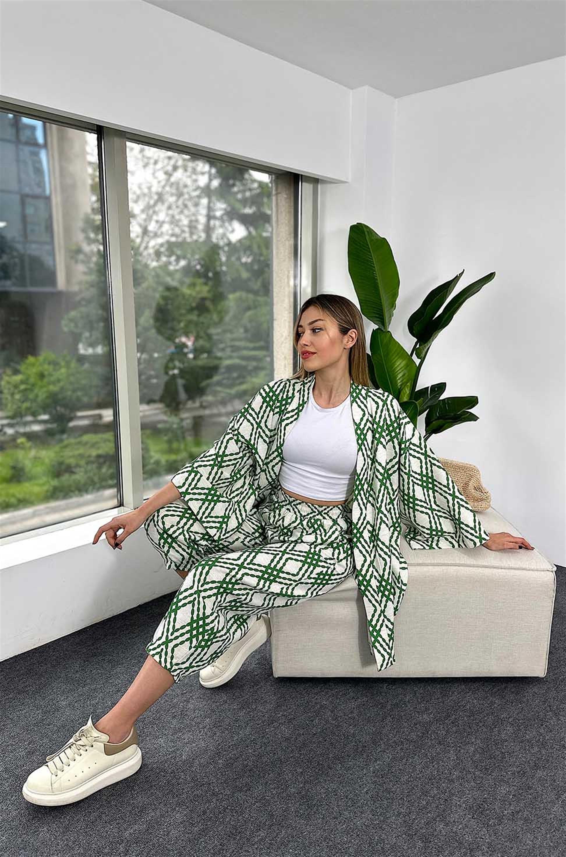 Keten Kumaş Desenli Kimono KAdın Takım Yeşil