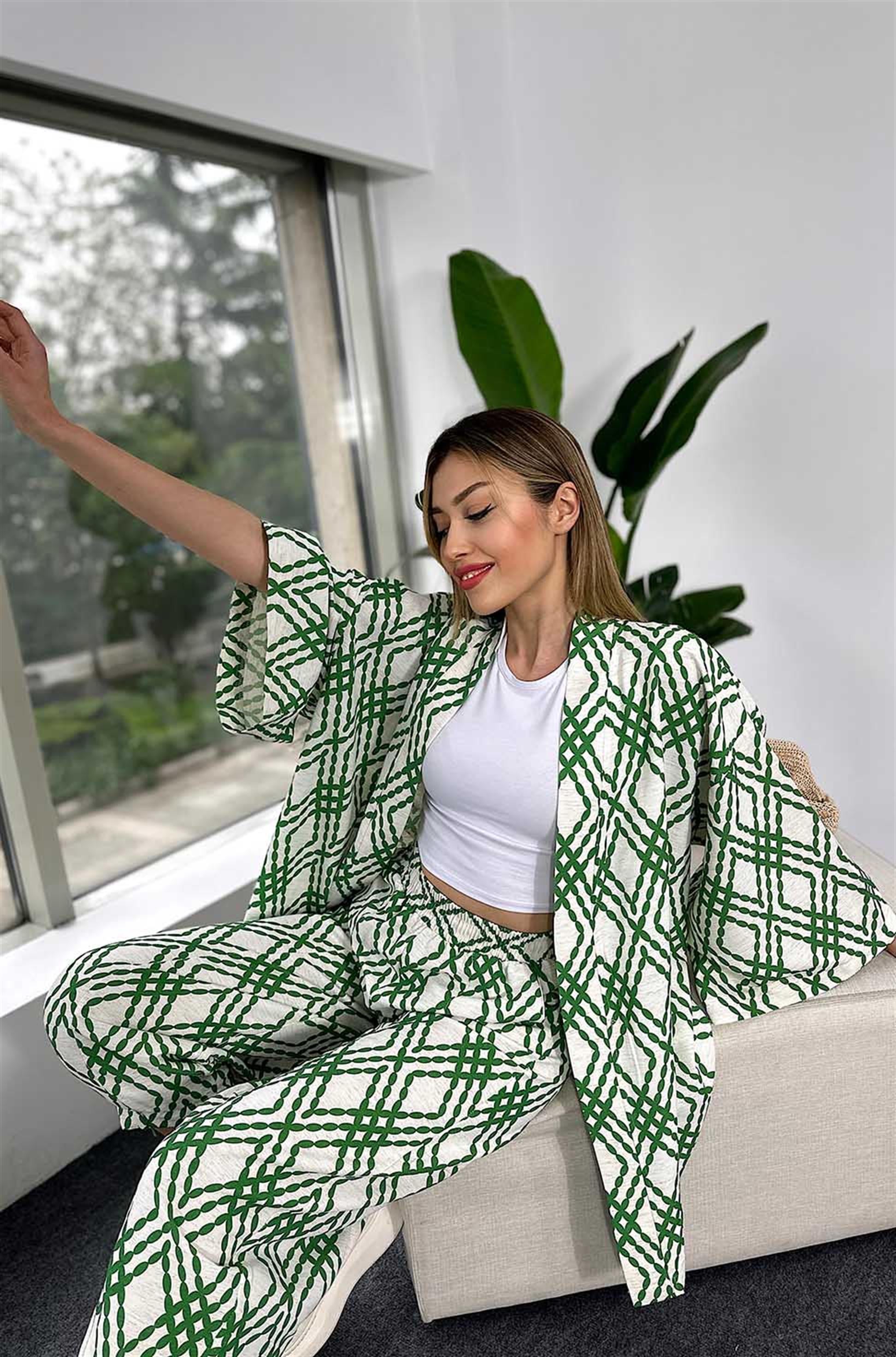 Keten Kumaş Desenli Kimono KAdın Takım Yeşil