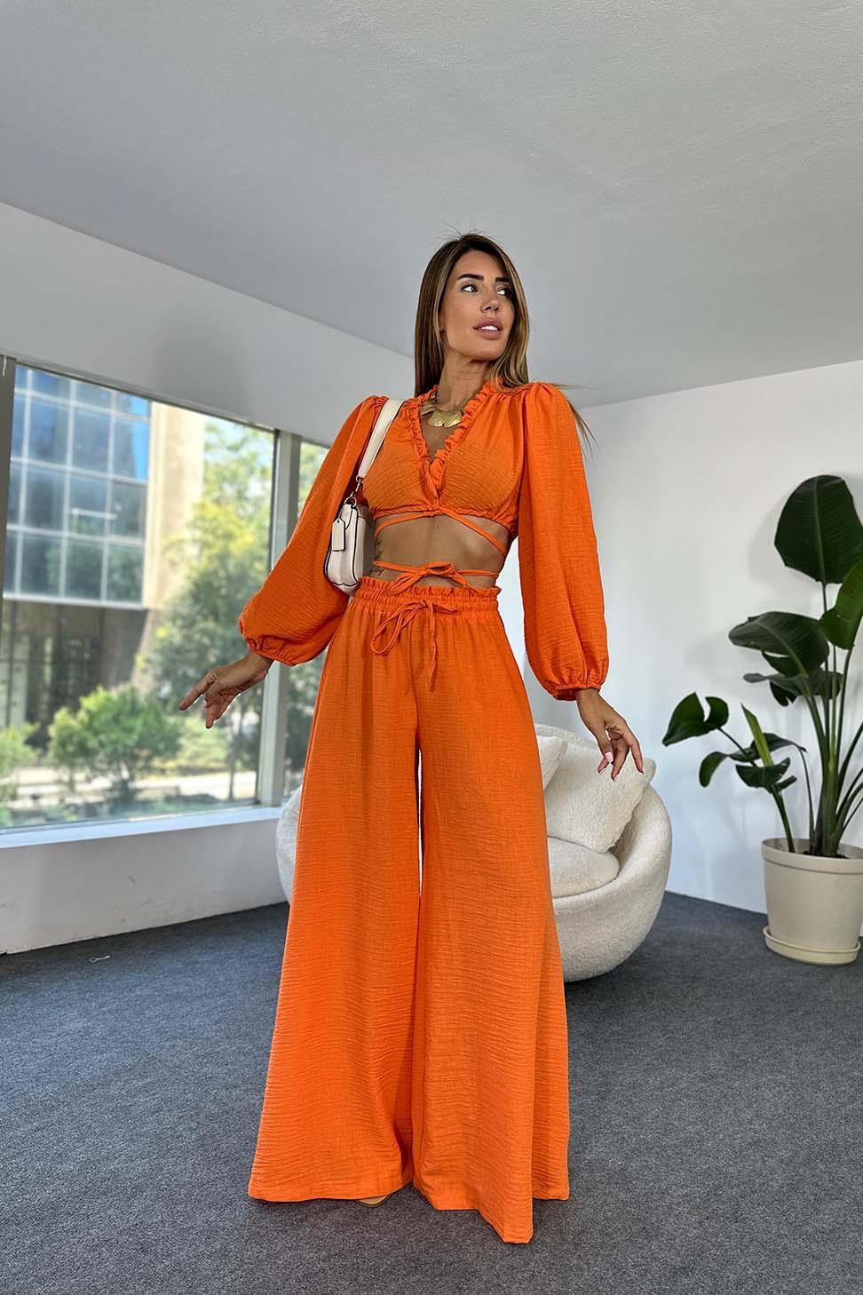 Keten Kumaş Fırfır Yaka Crop Geniş Paça Pantolon Kadın Takım Turuncu
