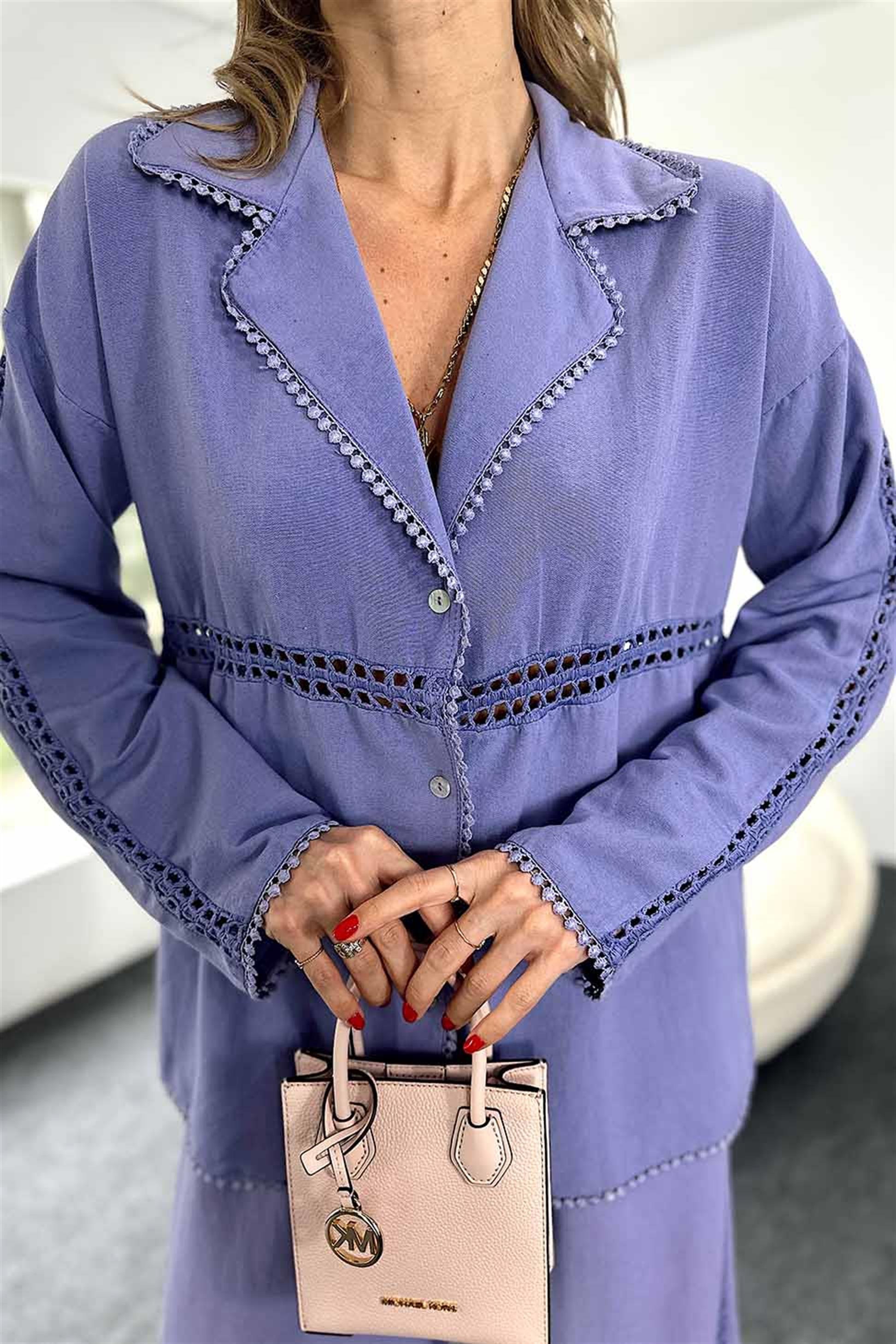 Keten Kumaş Fisto ve Nakış Detaylı İkili Kadın Takım Lila