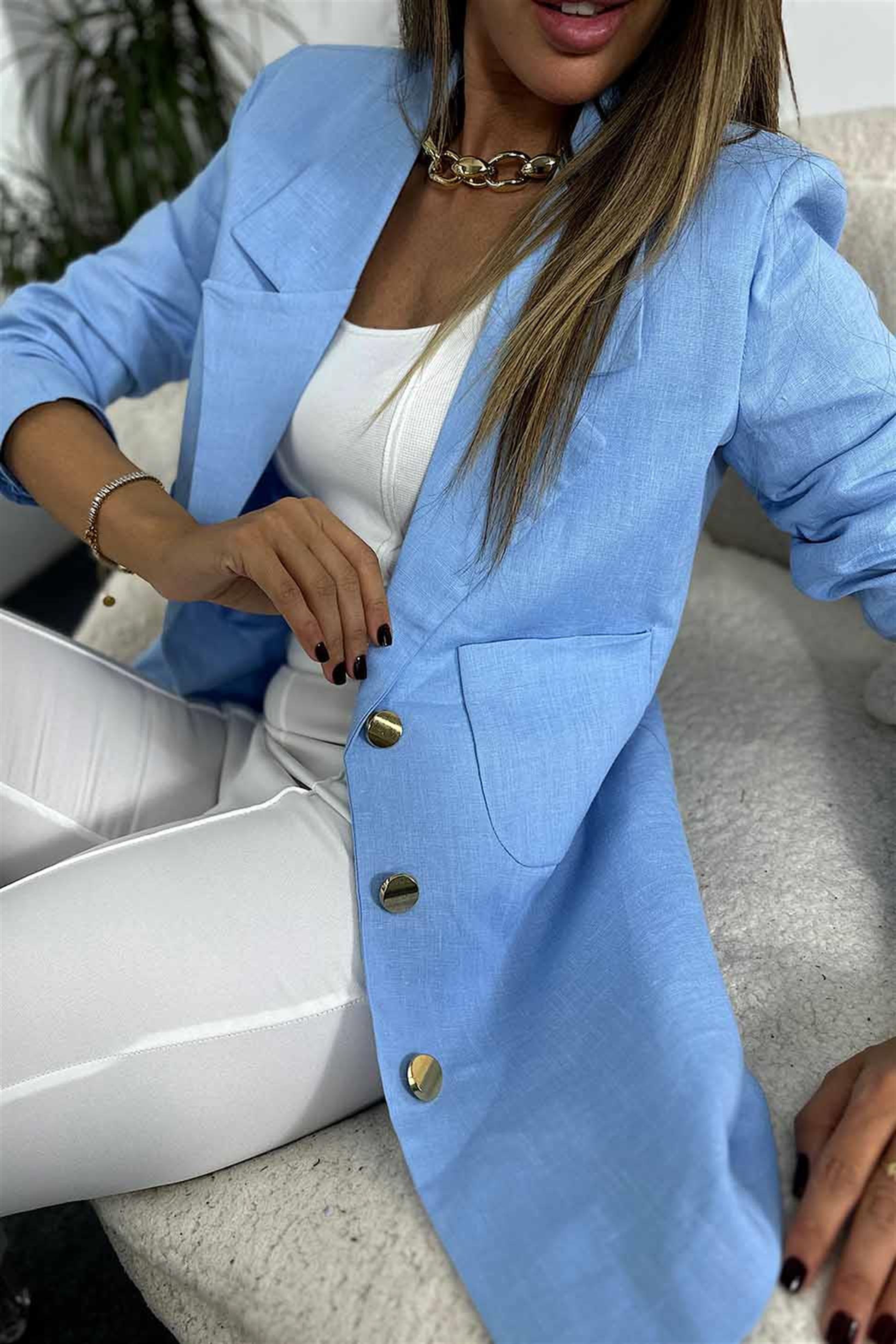 Keten Kumaş İçi Astarlı Gold Düğme Detay Kadın Ceket Bebe