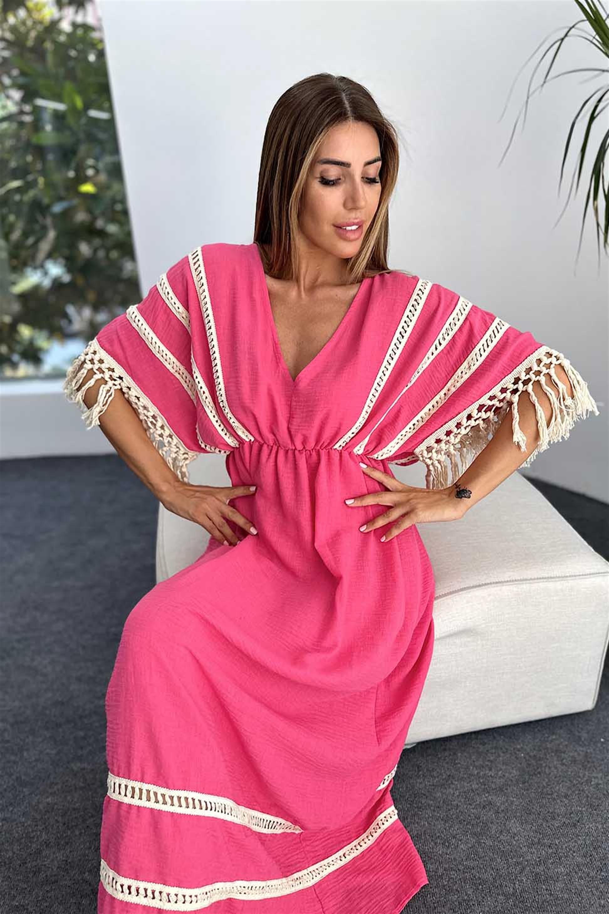 Keten ve Pamuklu Kumaş Püskül Detay Bohem Uzun Elbise Pembe