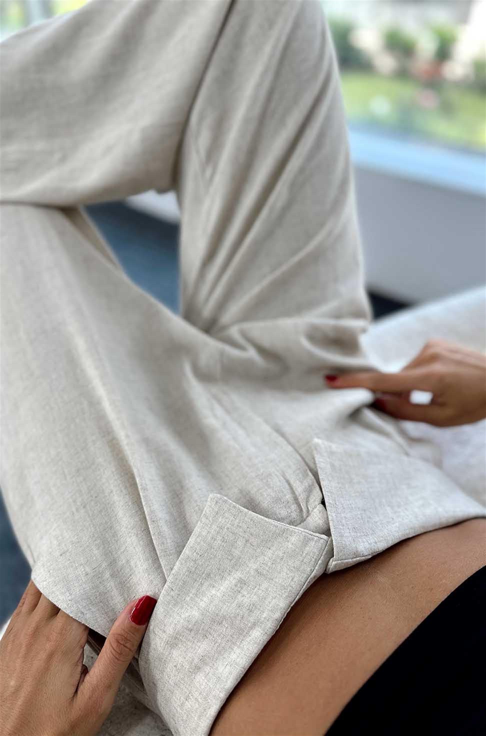 Keten Viskon Karışım Beli Tasarım Palazzo Pantolon Taş