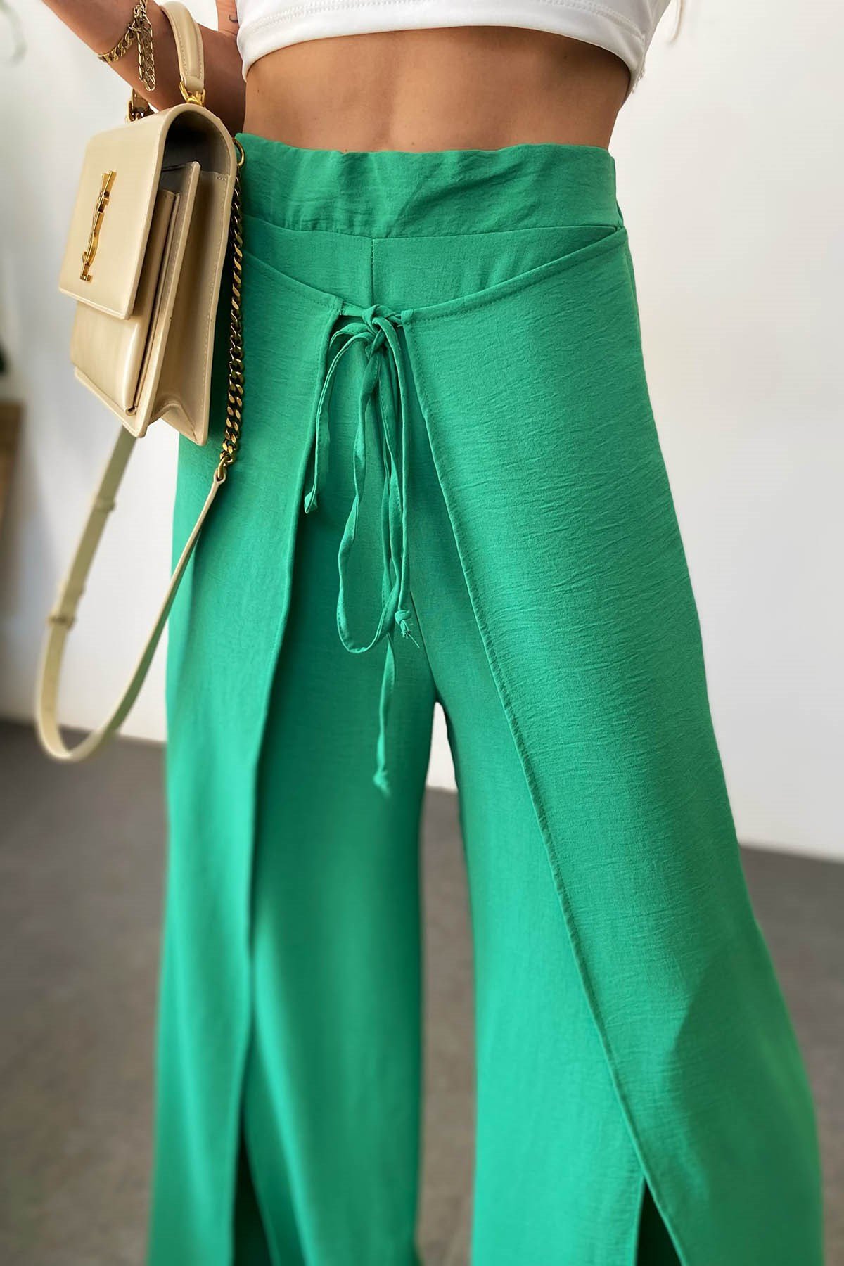 Keten Yırtmaçlı Pantolon Yeşil