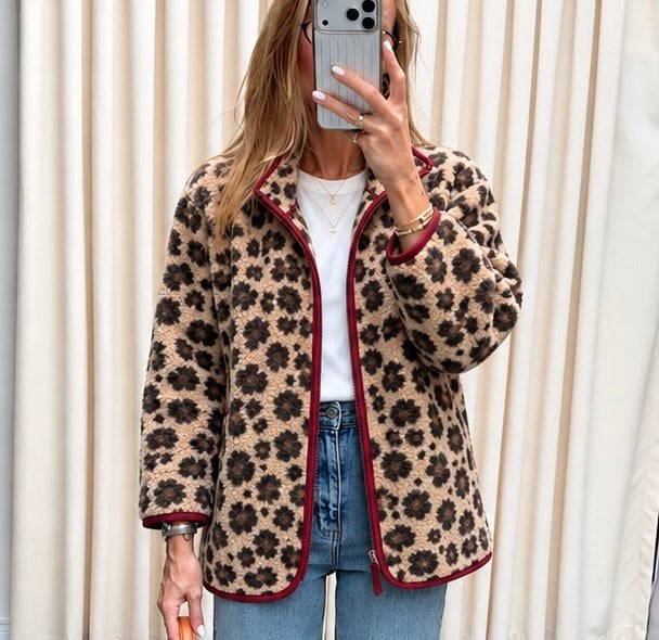 Kırmızı Biye Detaylı Leopar Desen Teddy Mont